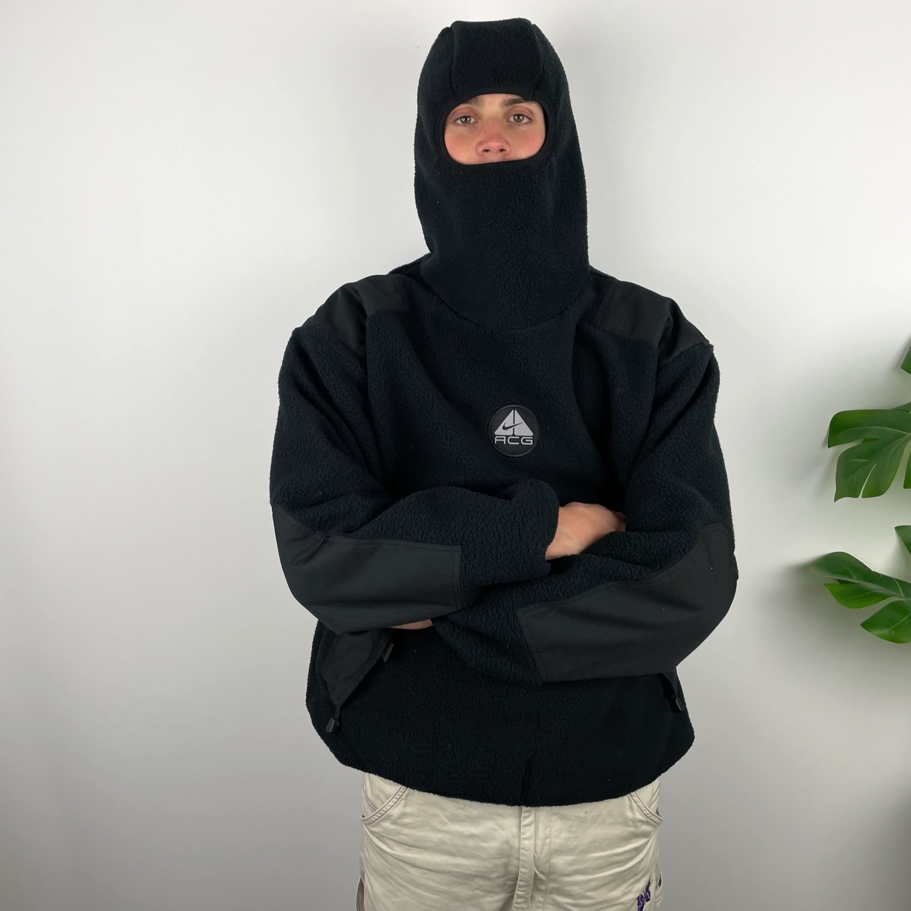 Nike ACG RARE Black Embroidered Spell Out Balaclava Teddy Bear Fleece Hoodie (L) - Image 3