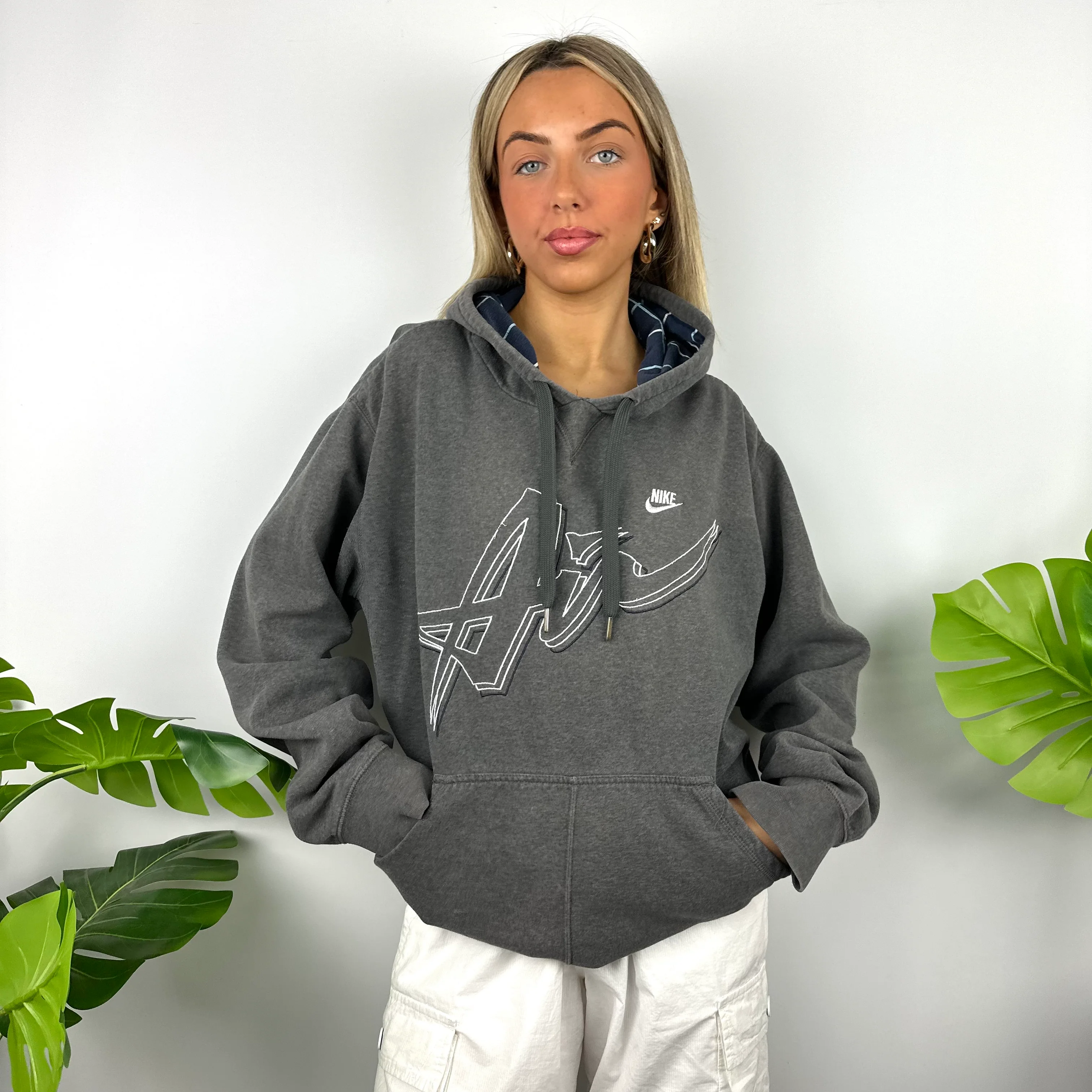 Nike Air Grey Embroidered Spell Out Hoodie (XL) - Image 2