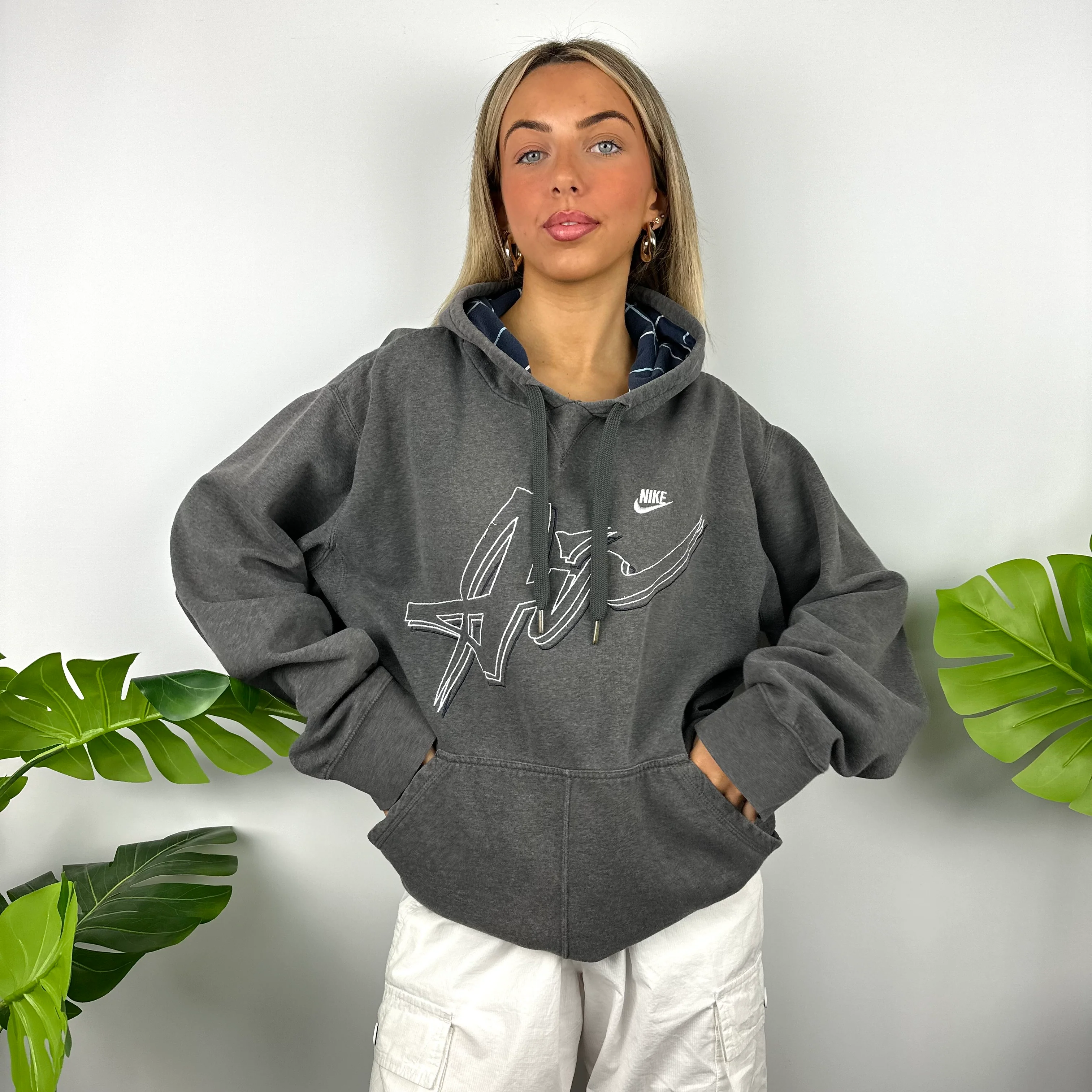 Nike Air Grey Embroidered Spell Out Hoodie (XL) - Image 3