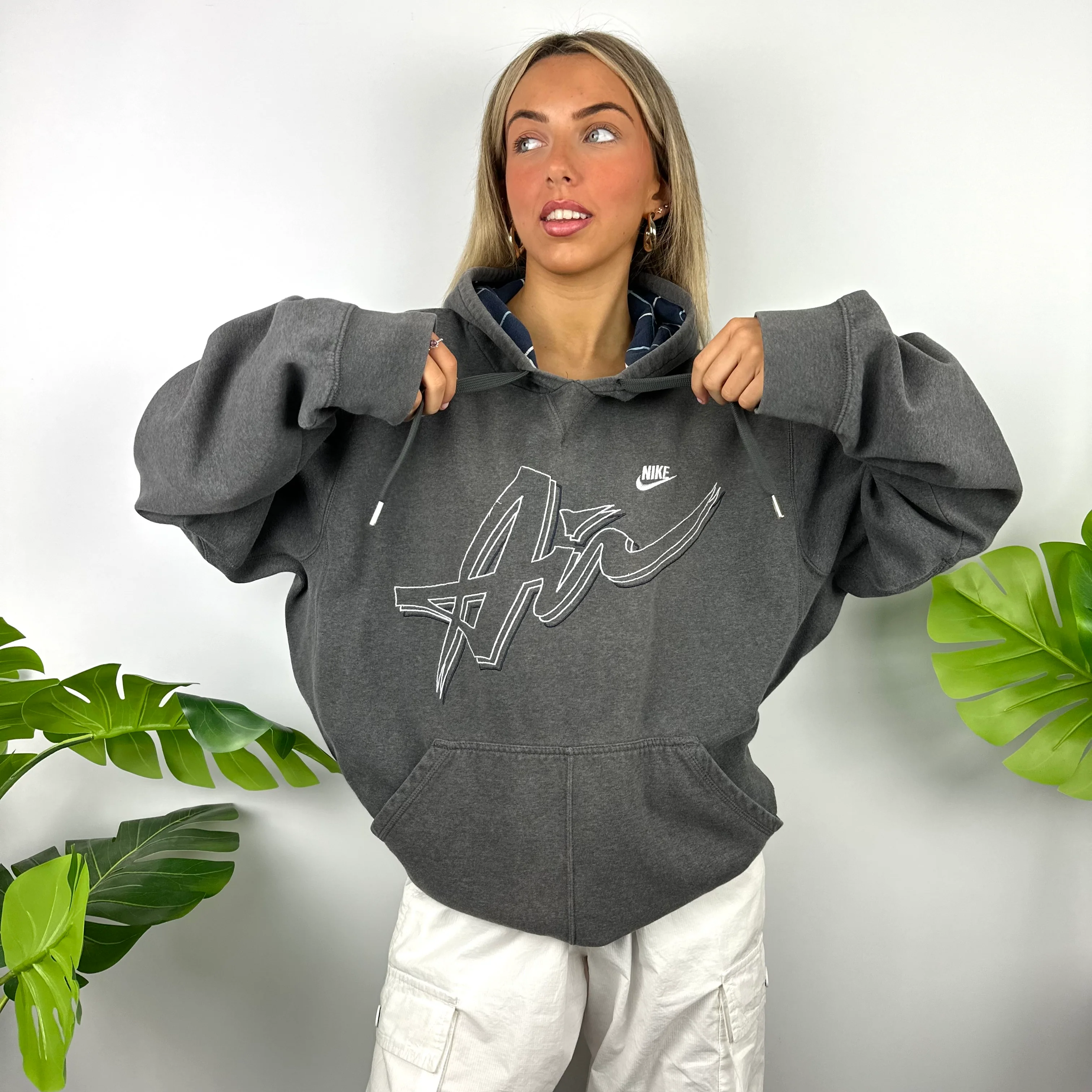 Nike Air Grey Embroidered Spell Out Hoodie (XL) - Image 4