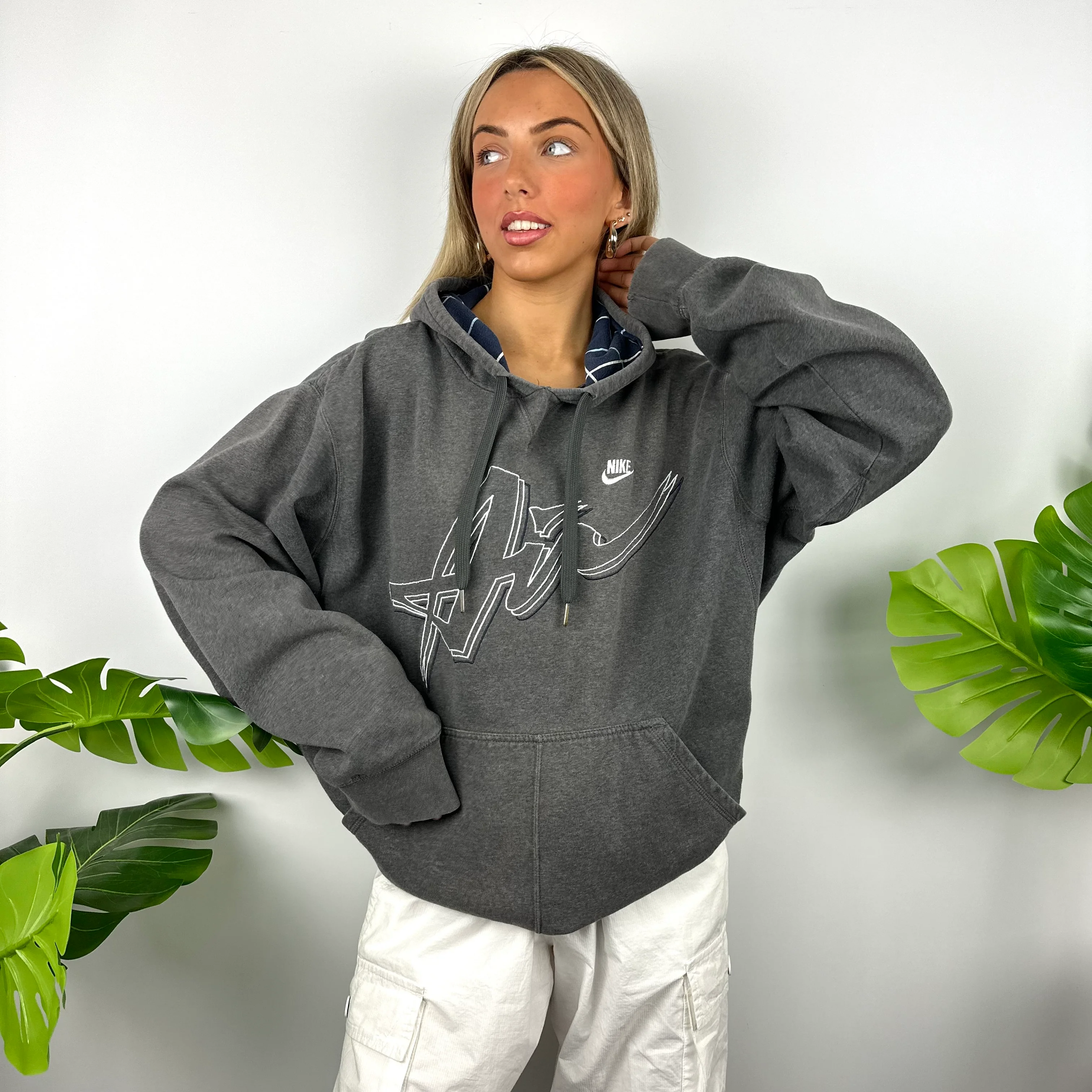Nike Air Grey Embroidered Spell Out Hoodie (XL) - Image 6