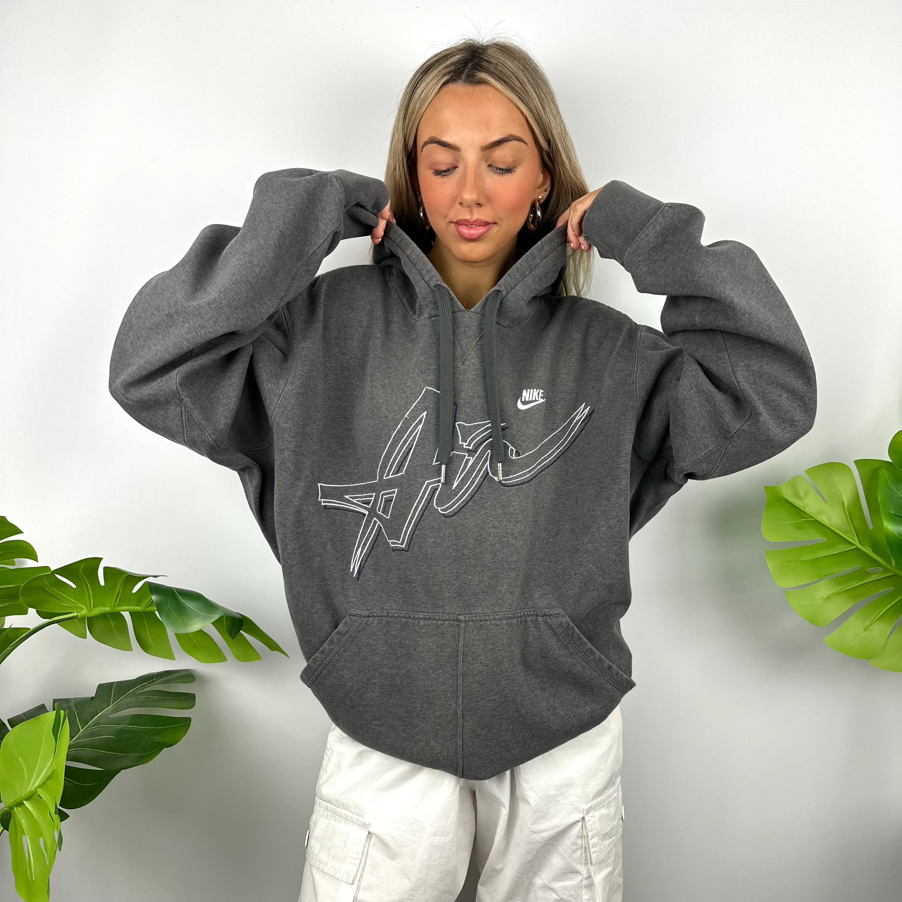 Nike Air Grey Embroidered Spell Out Hoodie (XL) - Image 7