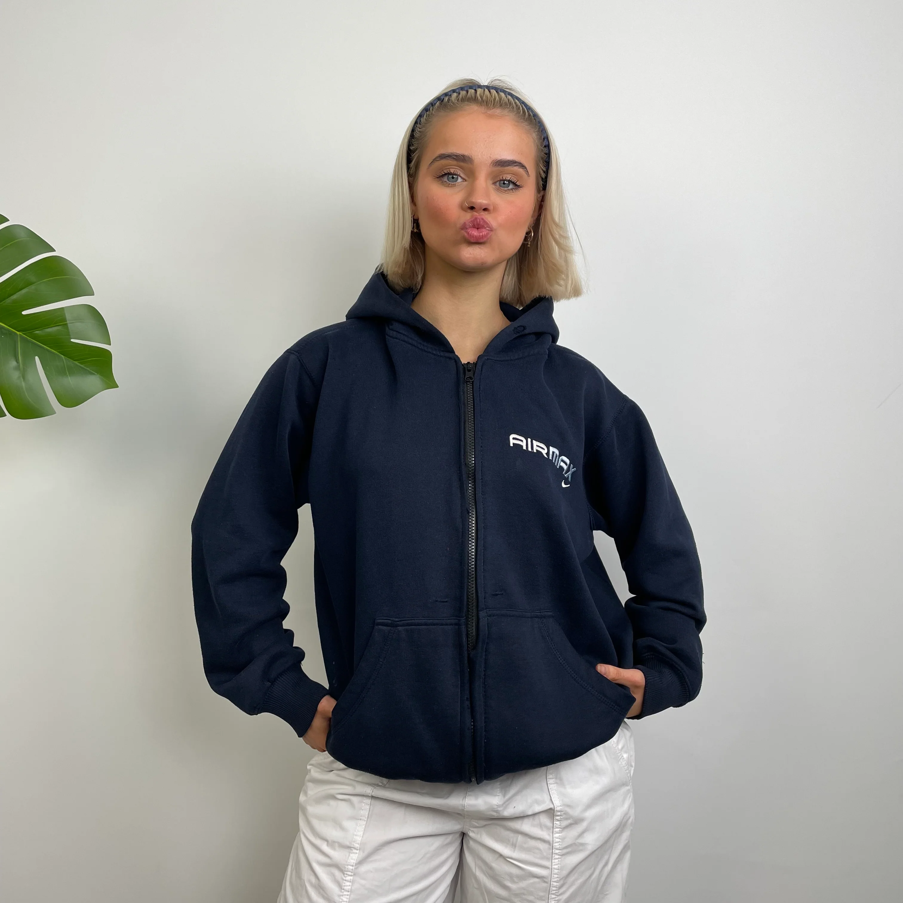 Nike Air Max ULTRA RARE Navy Embroidered Spell Out Zip Up Hoodie Jacket (S) - Image 3