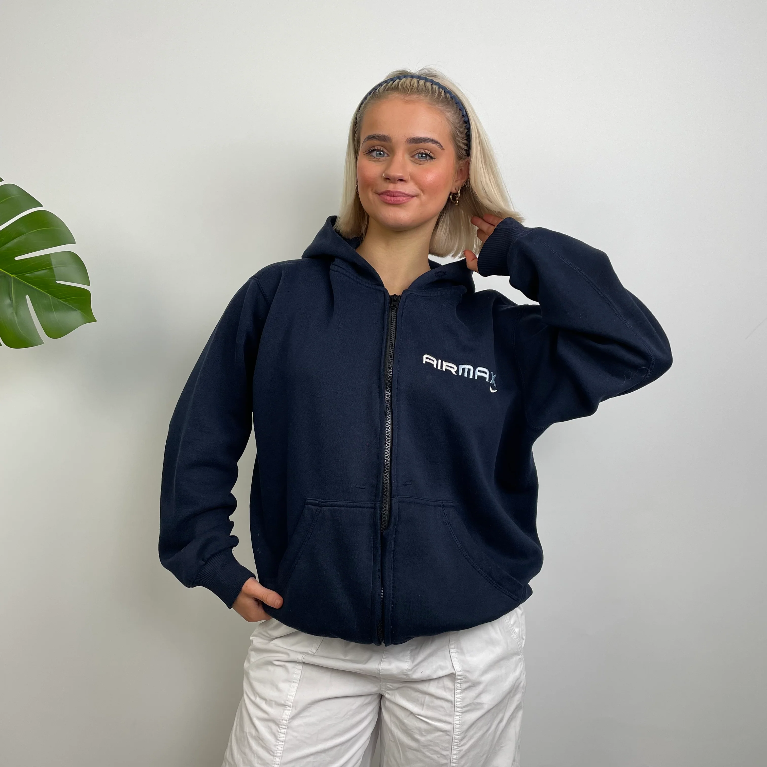 Nike Air Max ULTRA RARE Navy Embroidered Spell Out Zip Up Hoodie Jacket (S) - Image 4