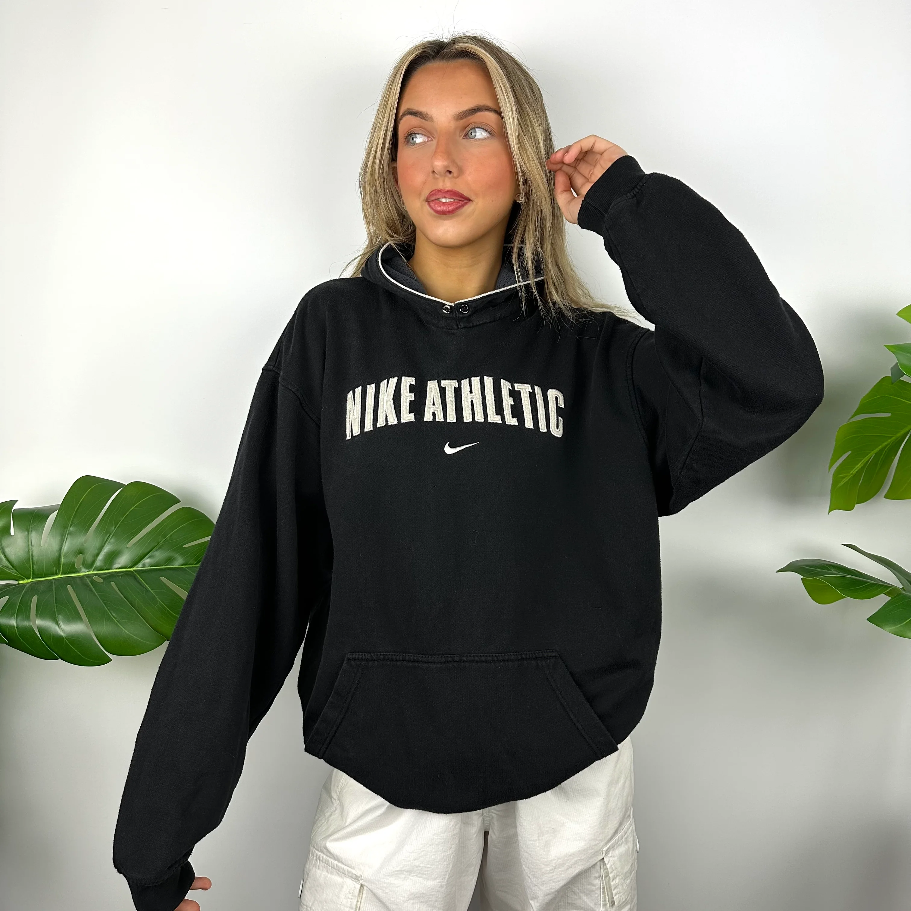 Nike Athletic Black Embroidered Spell Out Hoodie (M) - Image 5