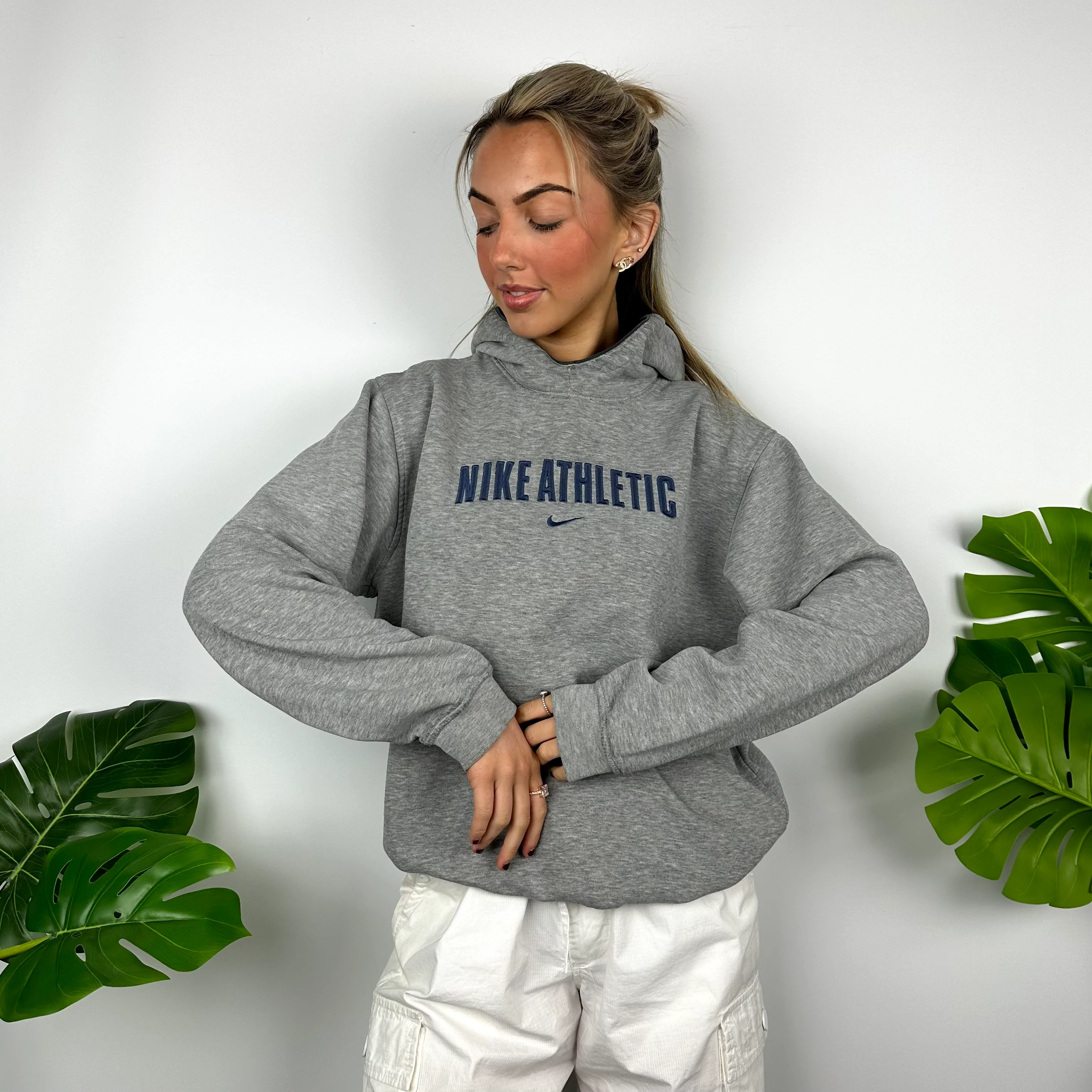 Nike Athletic Grey Embroidered Spell Out Hoodie (M) - Image 5