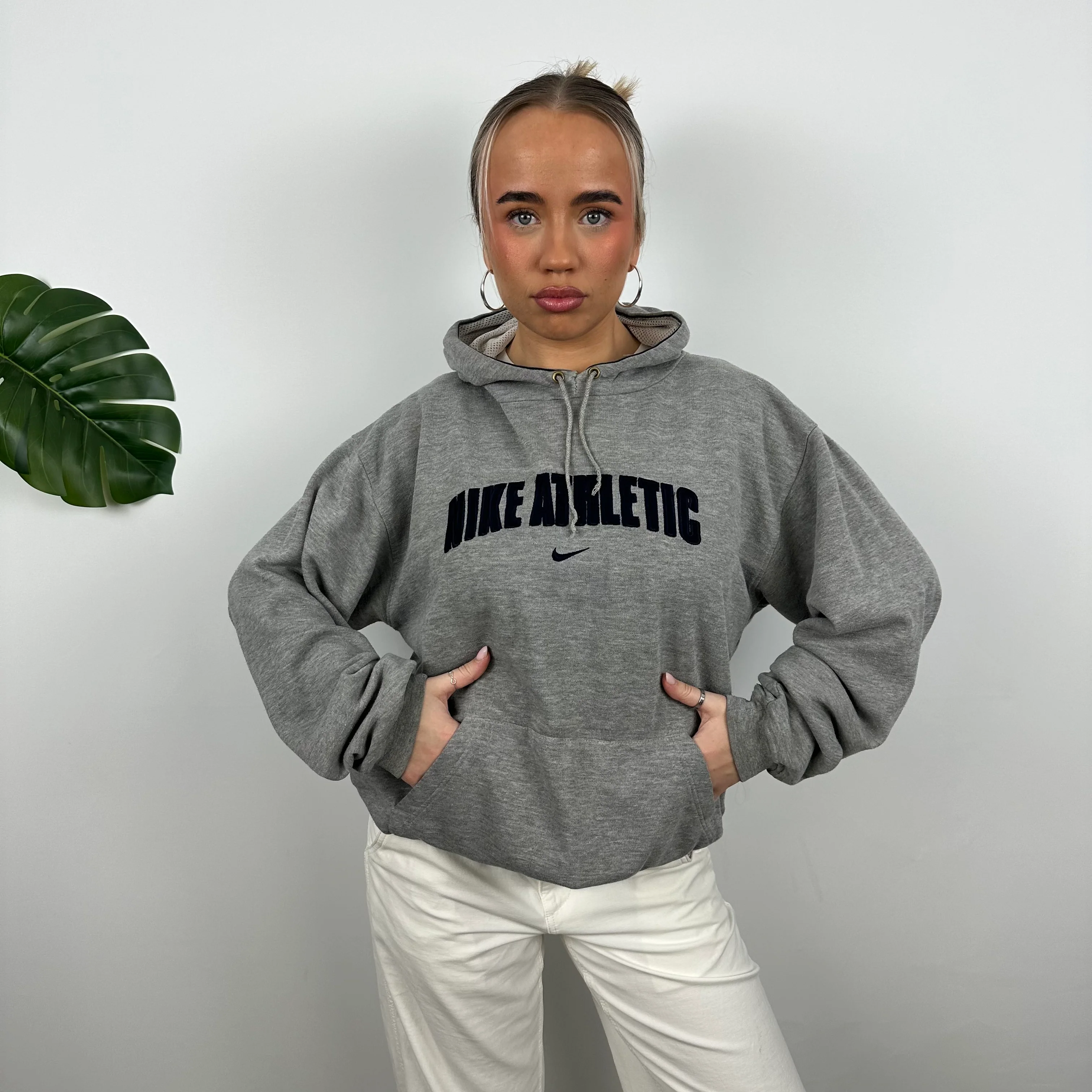 Nike Athletic Grey Embroidered Spell Out Hoodie (L) - Image 2