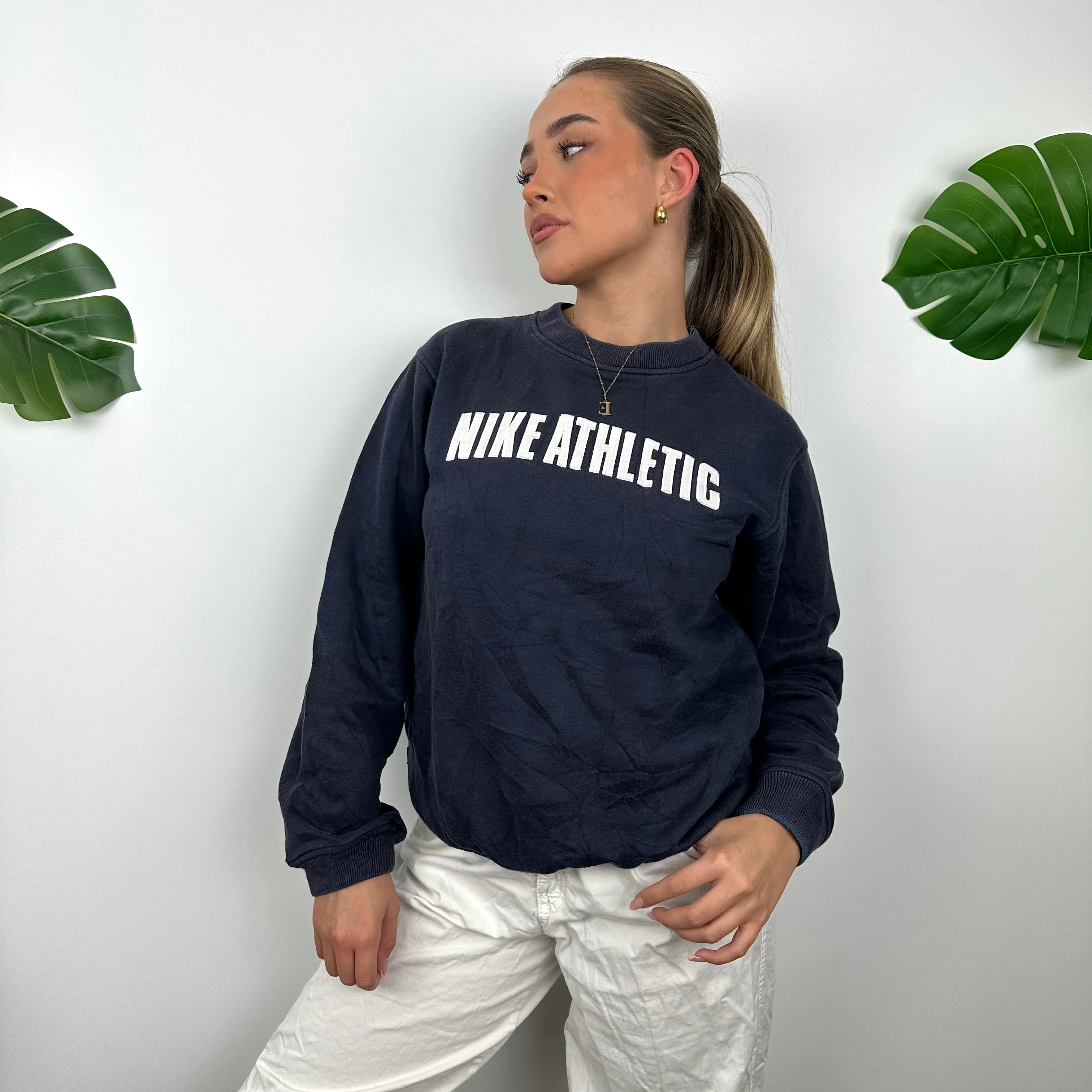 Nike Athletic Navy Embroidered Spell Out Sweatshirt (S) - Image 6