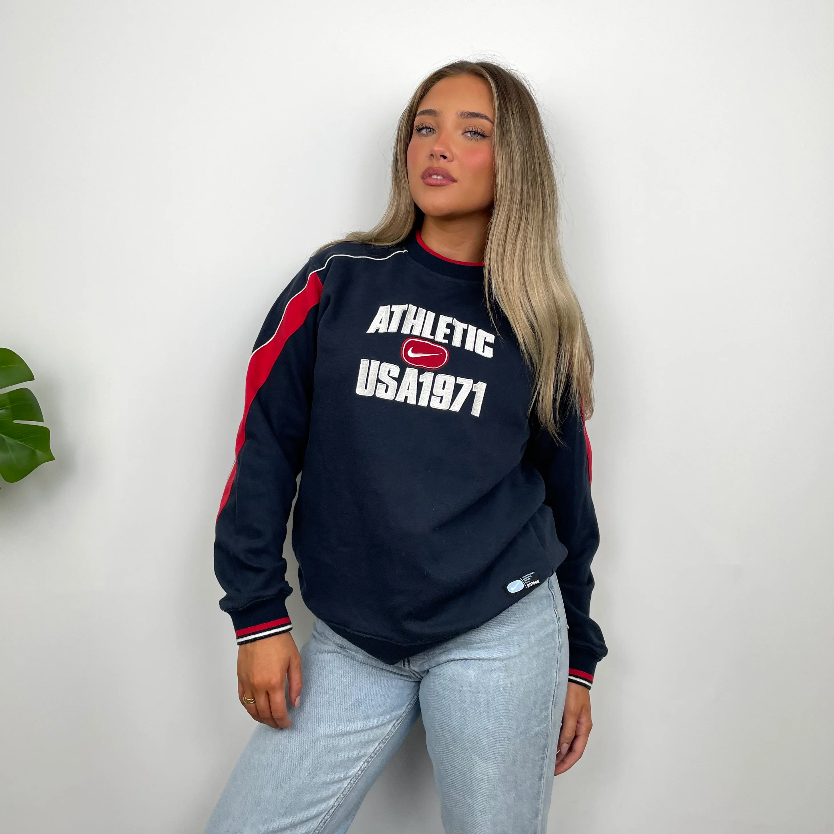 Nike Athletic Navy Embroidered Spell Out Sweatshirt (S) - Image 3