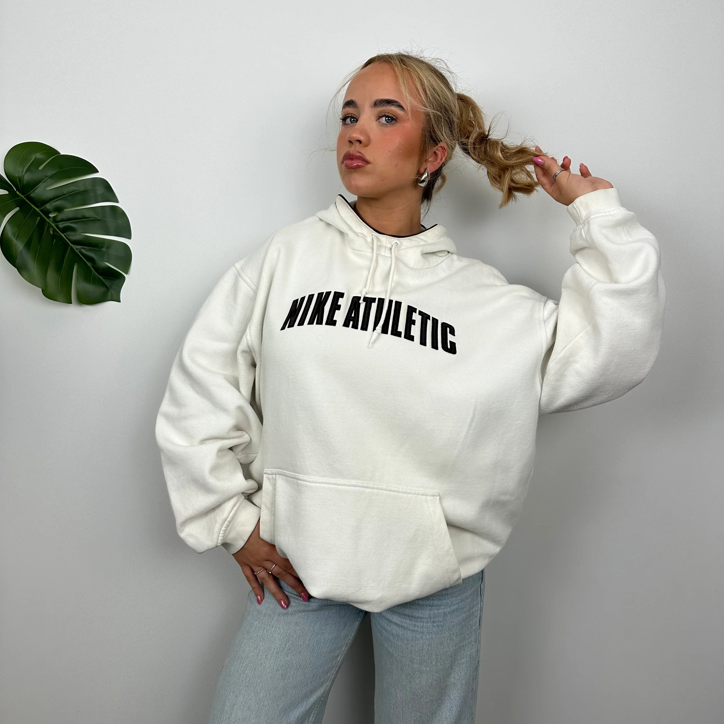 Nike Athletic White Embroidered Spell Out Hoodie (L) - Image 2