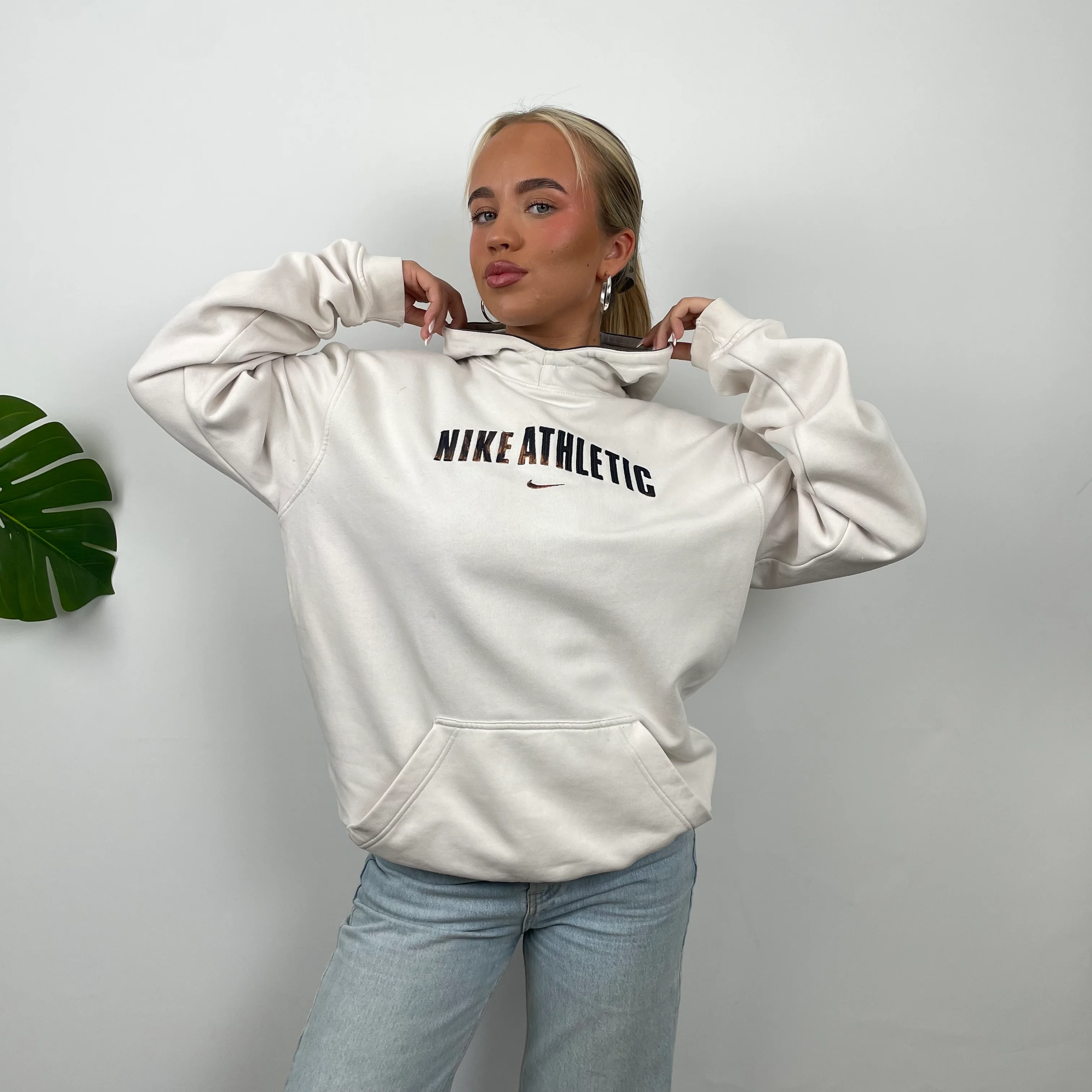 Nike Athletic White Embroidered Spell Out Hoodie (M) - Image 2