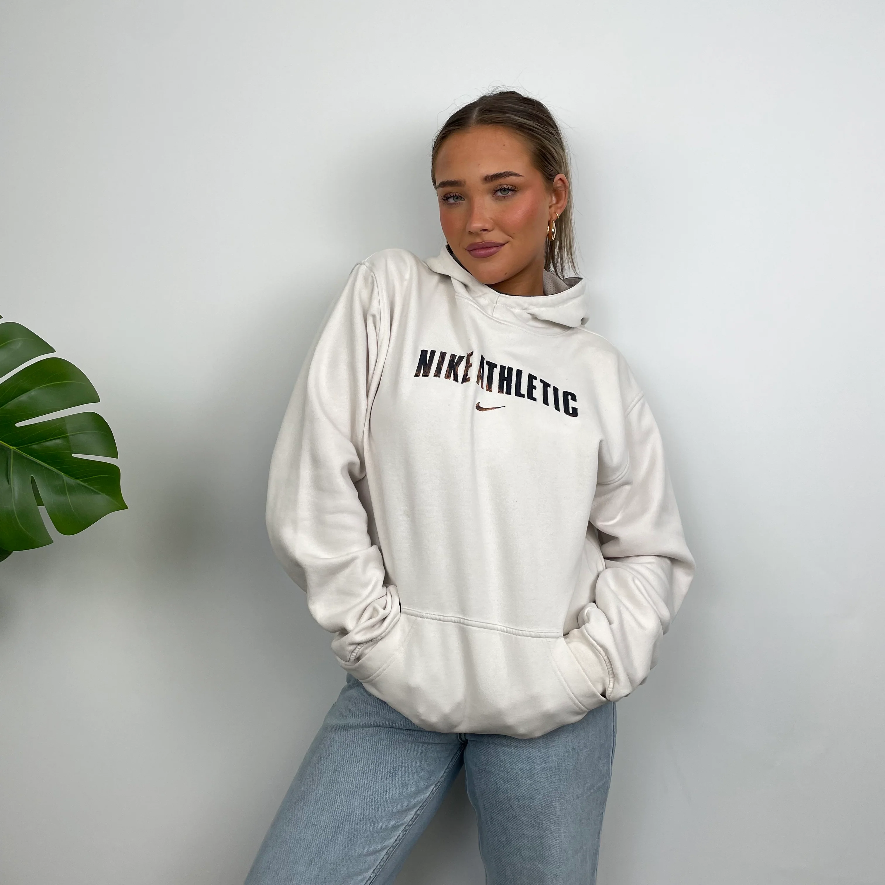 Nike Athletic White Embroidered Spell Out Hoodie (M) - Image 2