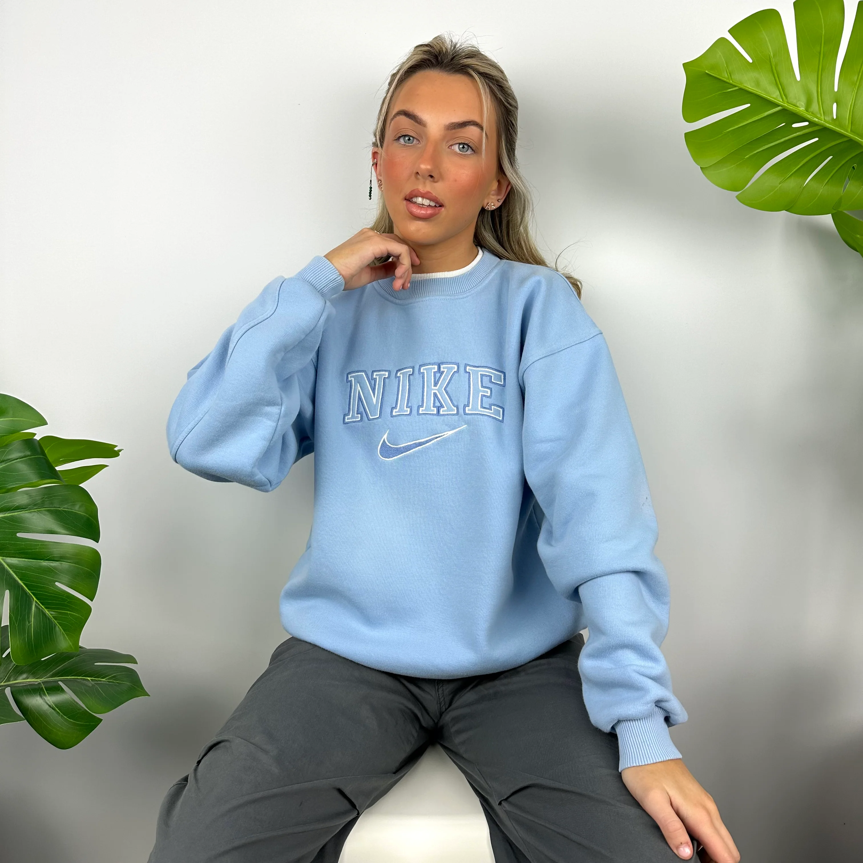 Nike Baby Blue Embroidered Spell Out Sweatshirt (S) - Image 3