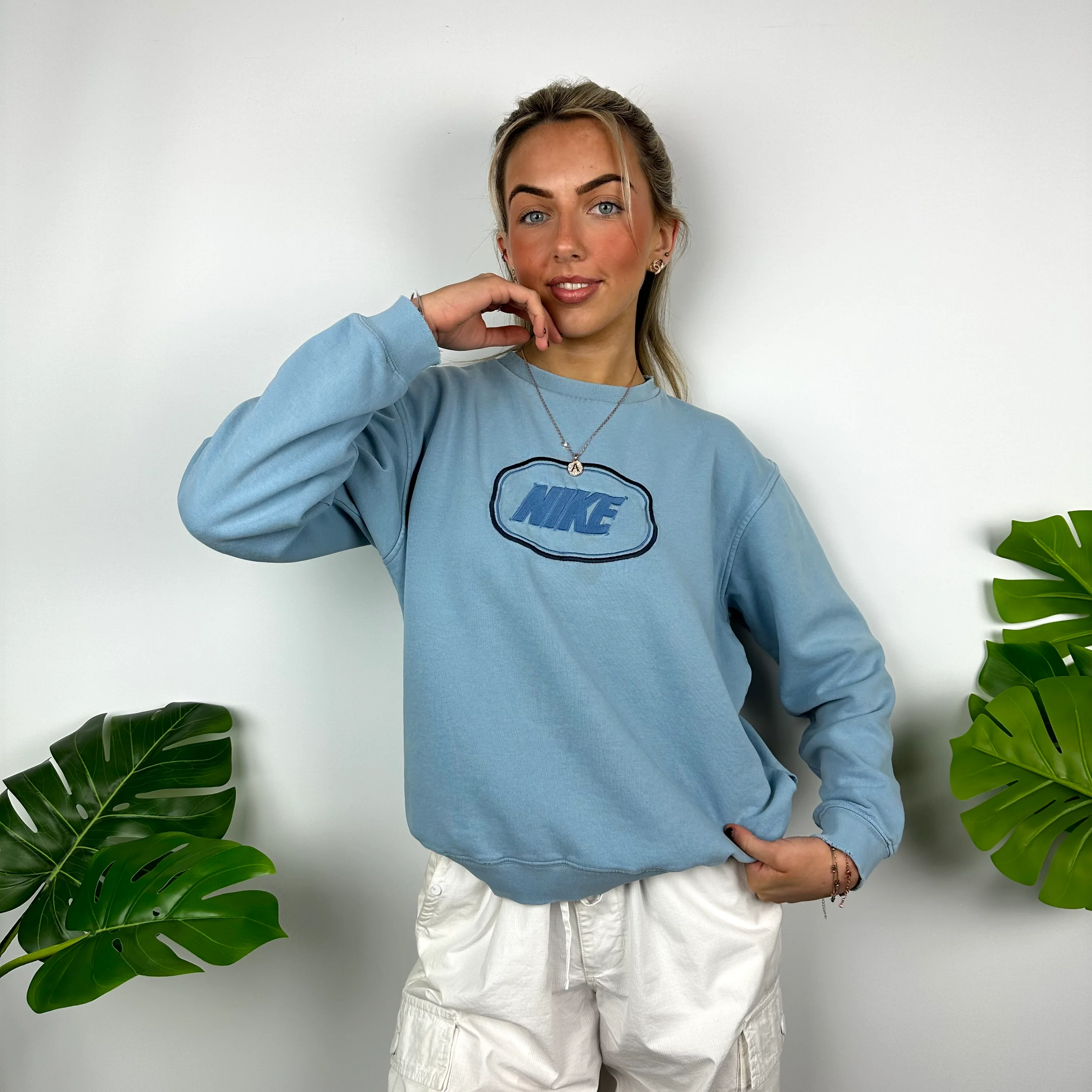 Nike Baby Blue Embroidered Spell Out Sweatshirt (S) - Image 5
