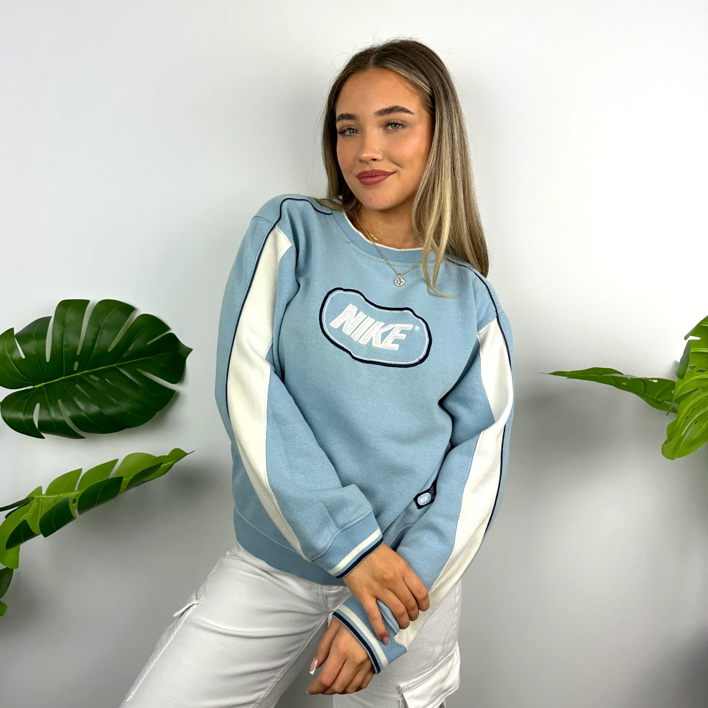Nike Baby Blue Embroidered Spell Out Sweatshirt (M) - Image 4