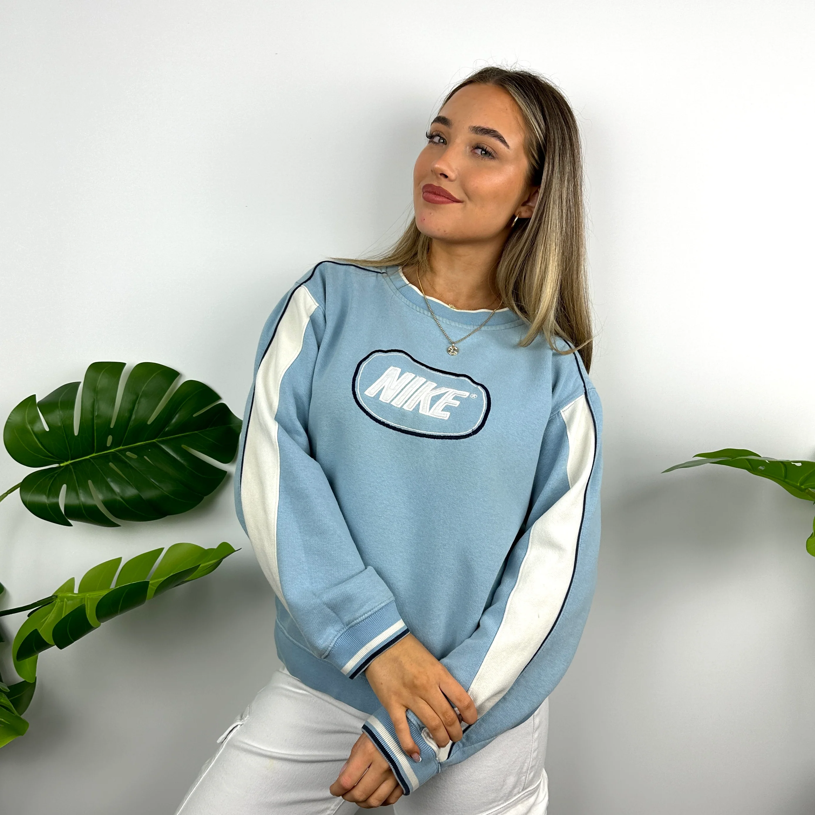 Nike Baby Blue Embroidered Spell Out Sweatshirt (M) - Image 6