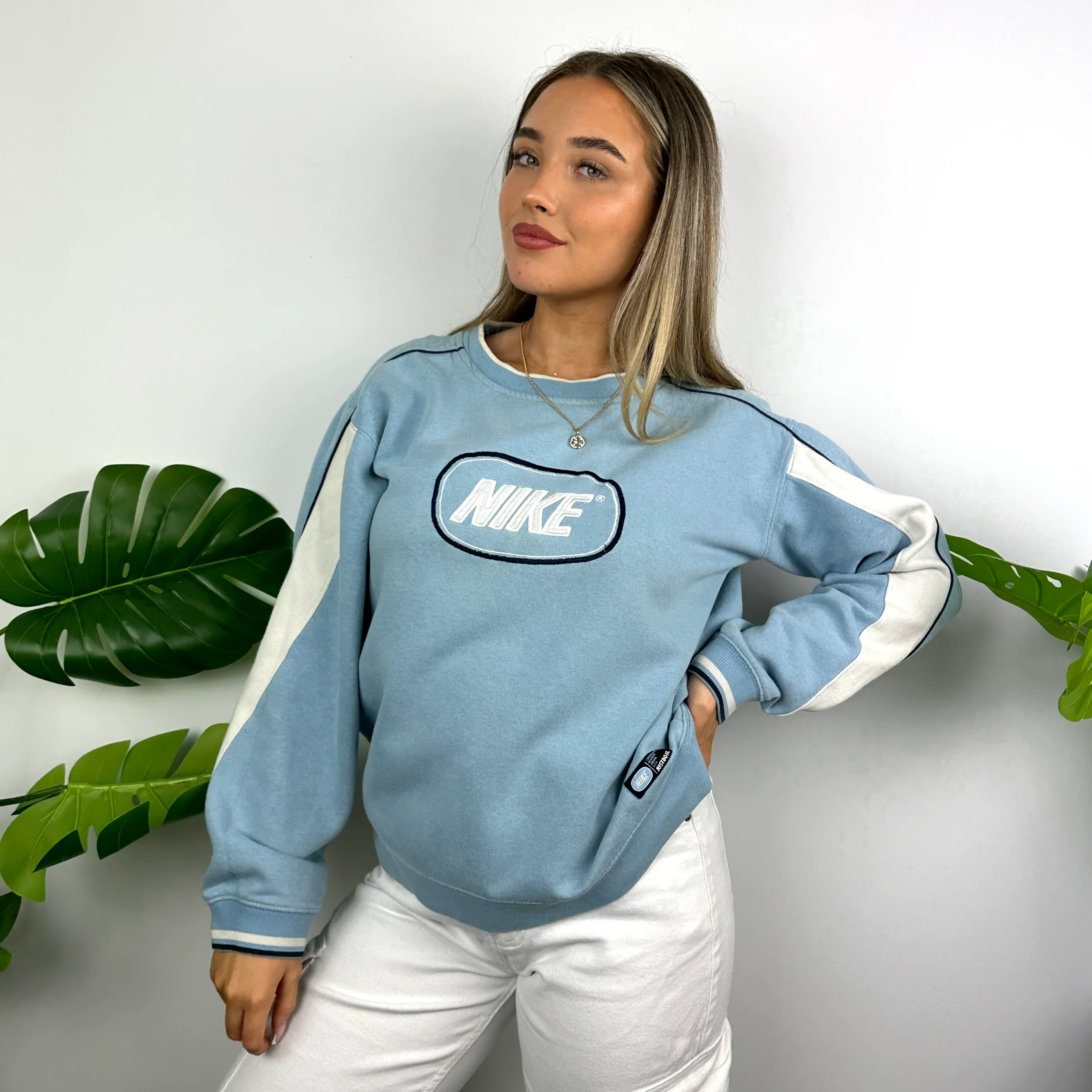 Nike Baby Blue Embroidered Spell Out Sweatshirt (M) - Image 7