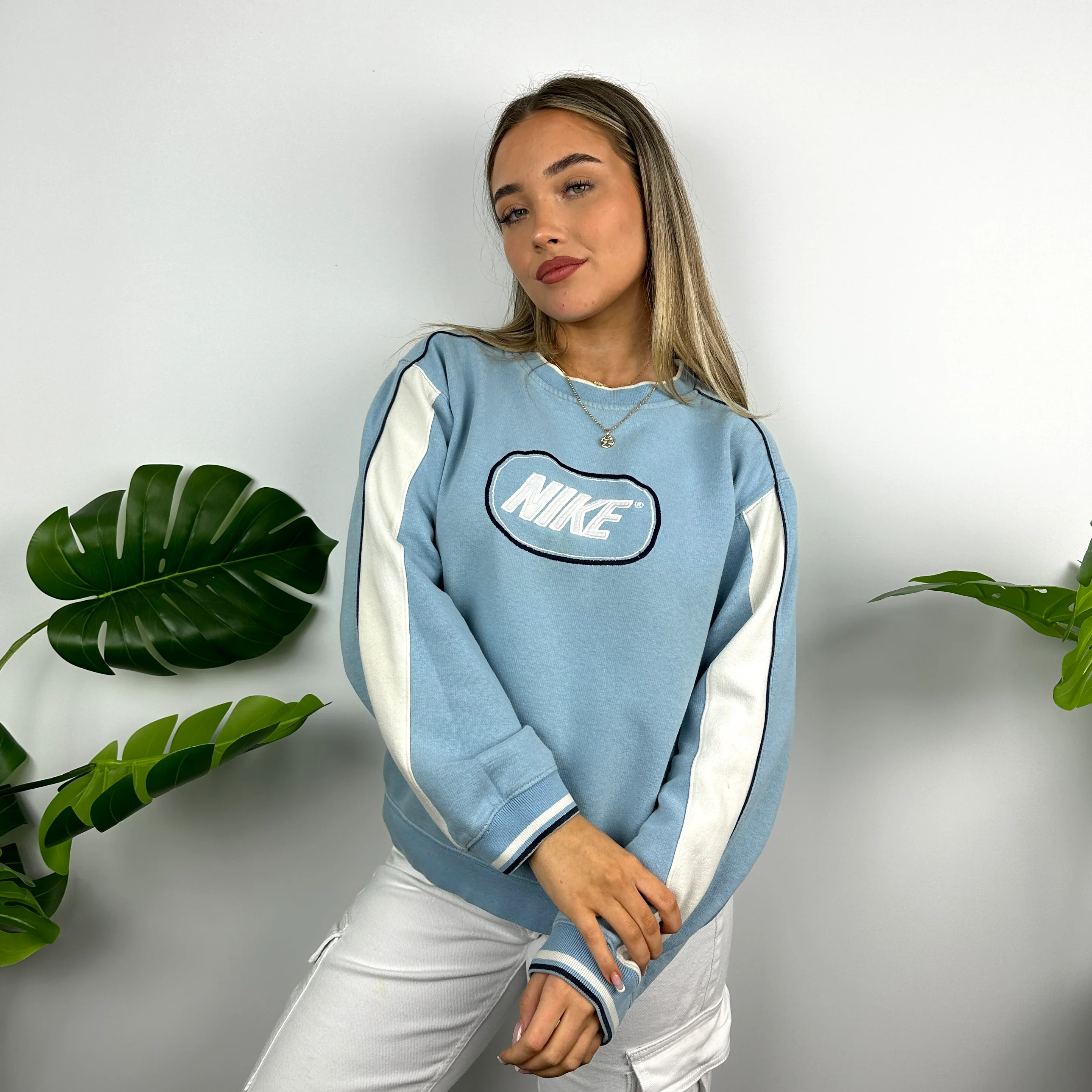 Nike Baby Blue Embroidered Spell Out Sweatshirt (M) - Image 8