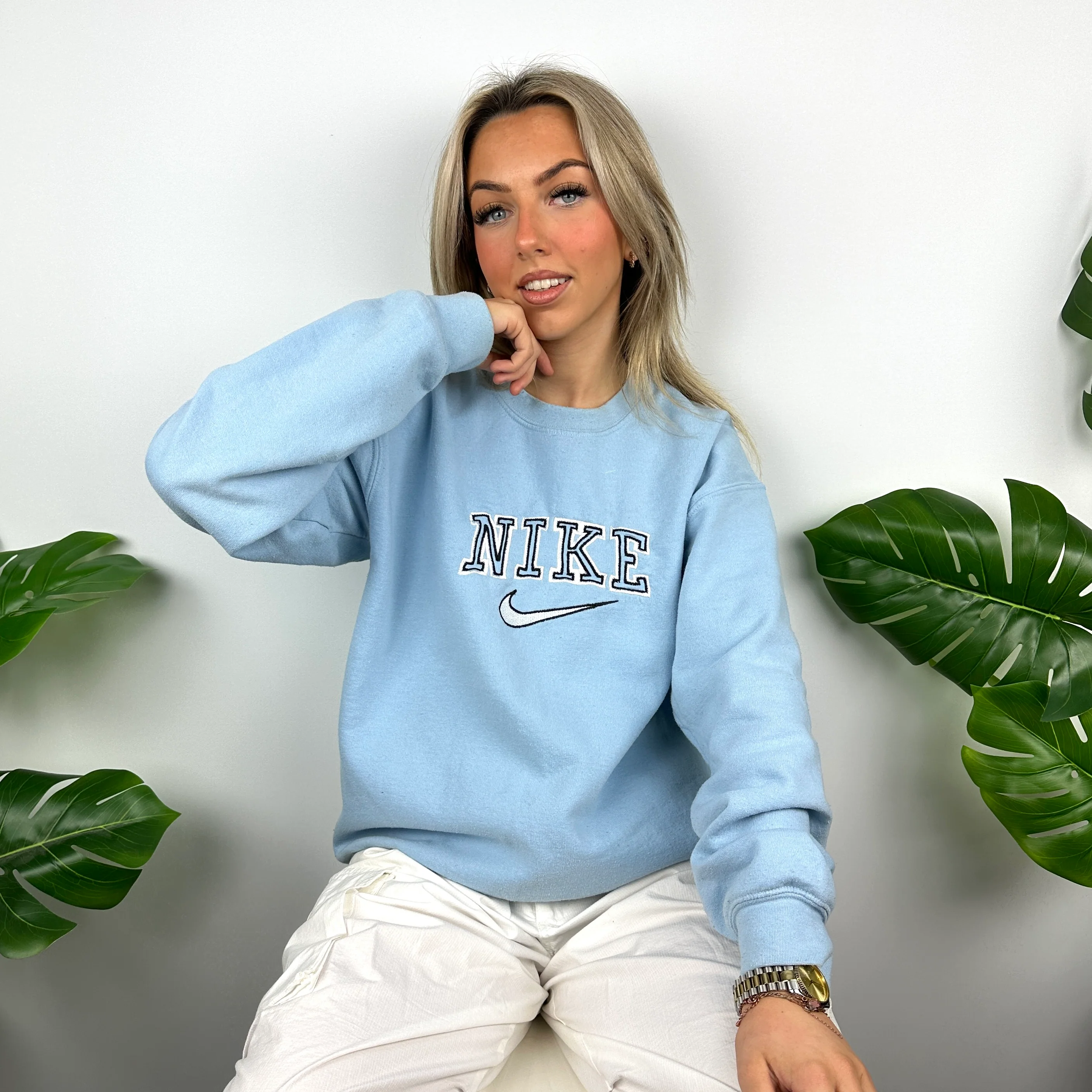 Nike Baby Blue Embroidered Spell Out Sweatshirt (M) - Image 3