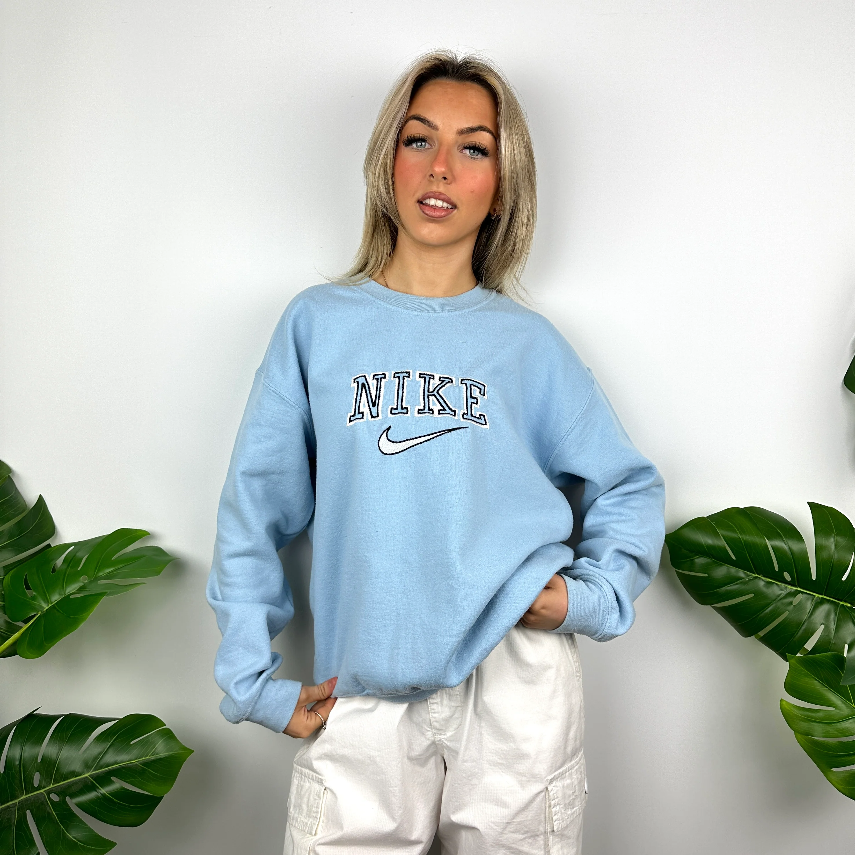 Nike Baby Blue Embroidered Spell Out Sweatshirt (M) - Image 4