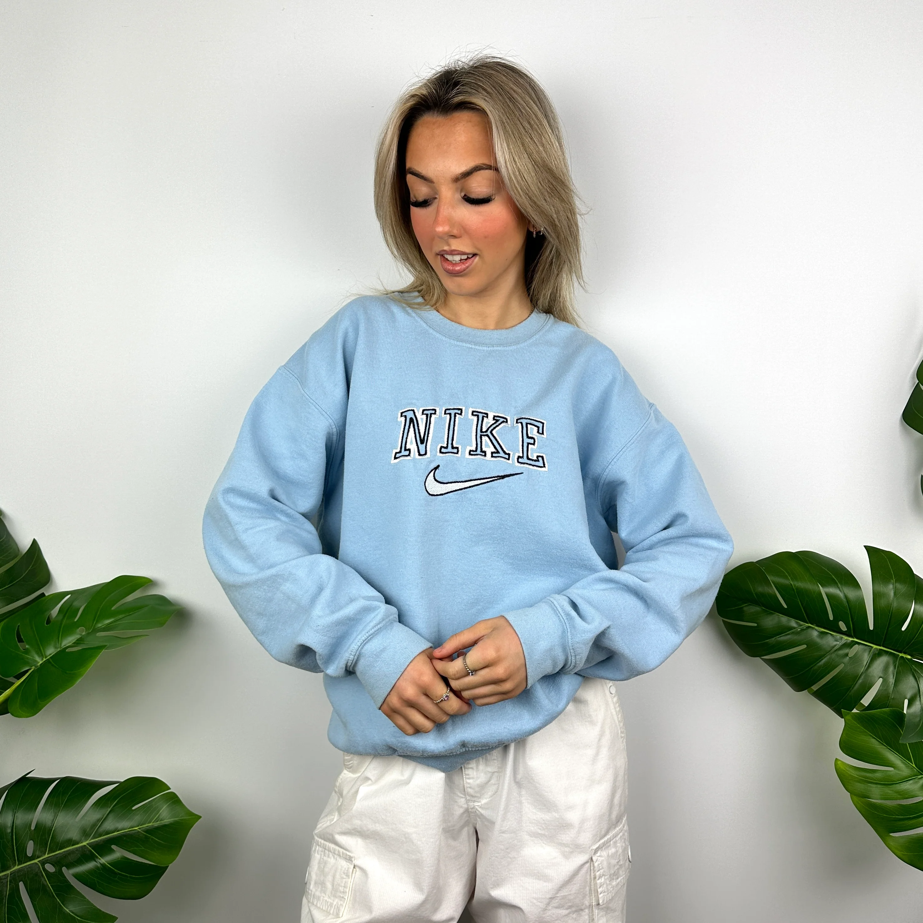 Nike Baby Blue Embroidered Spell Out Sweatshirt (M) - Image 6
