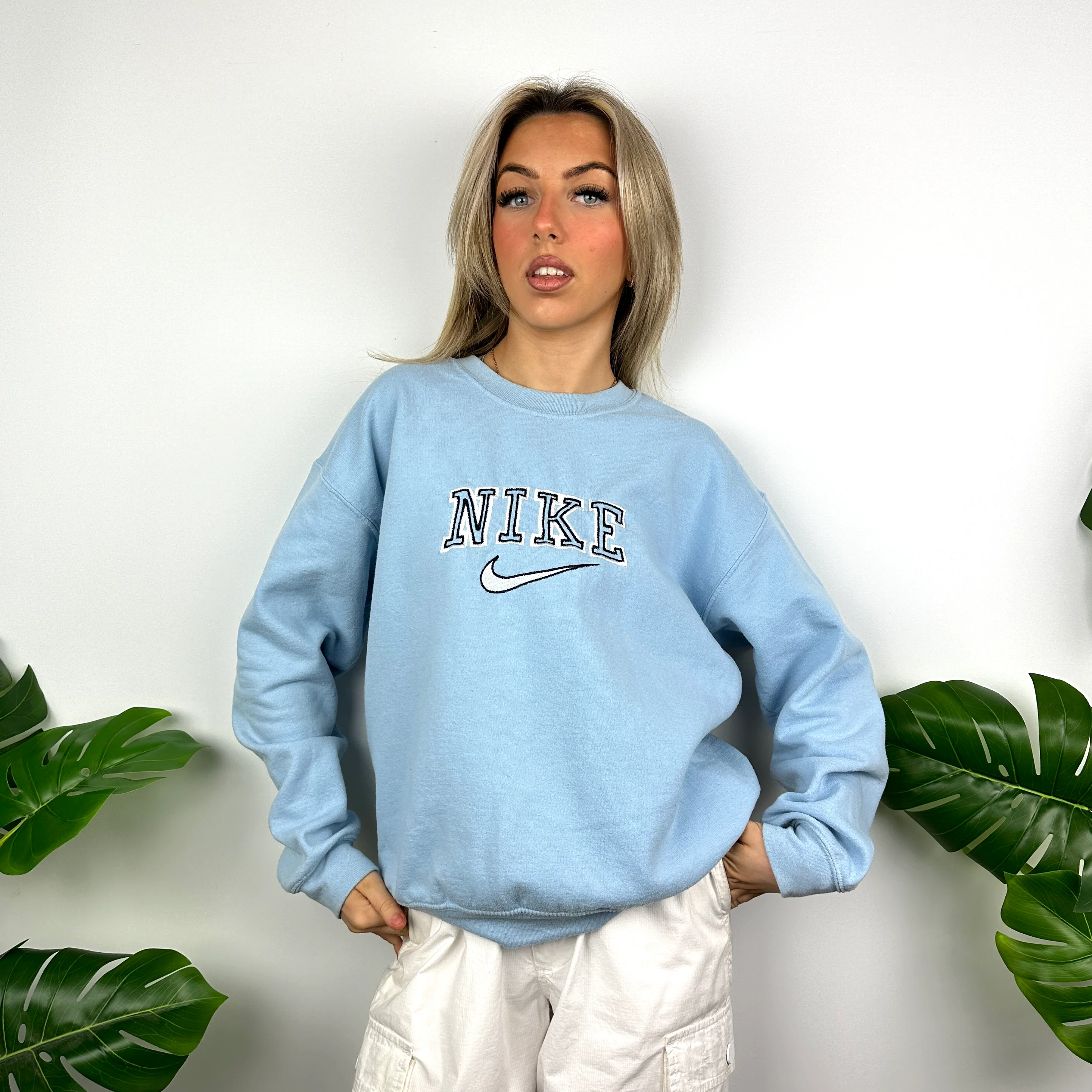 Nike Baby Blue Embroidered Spell Out Sweatshirt (M) - Image 7