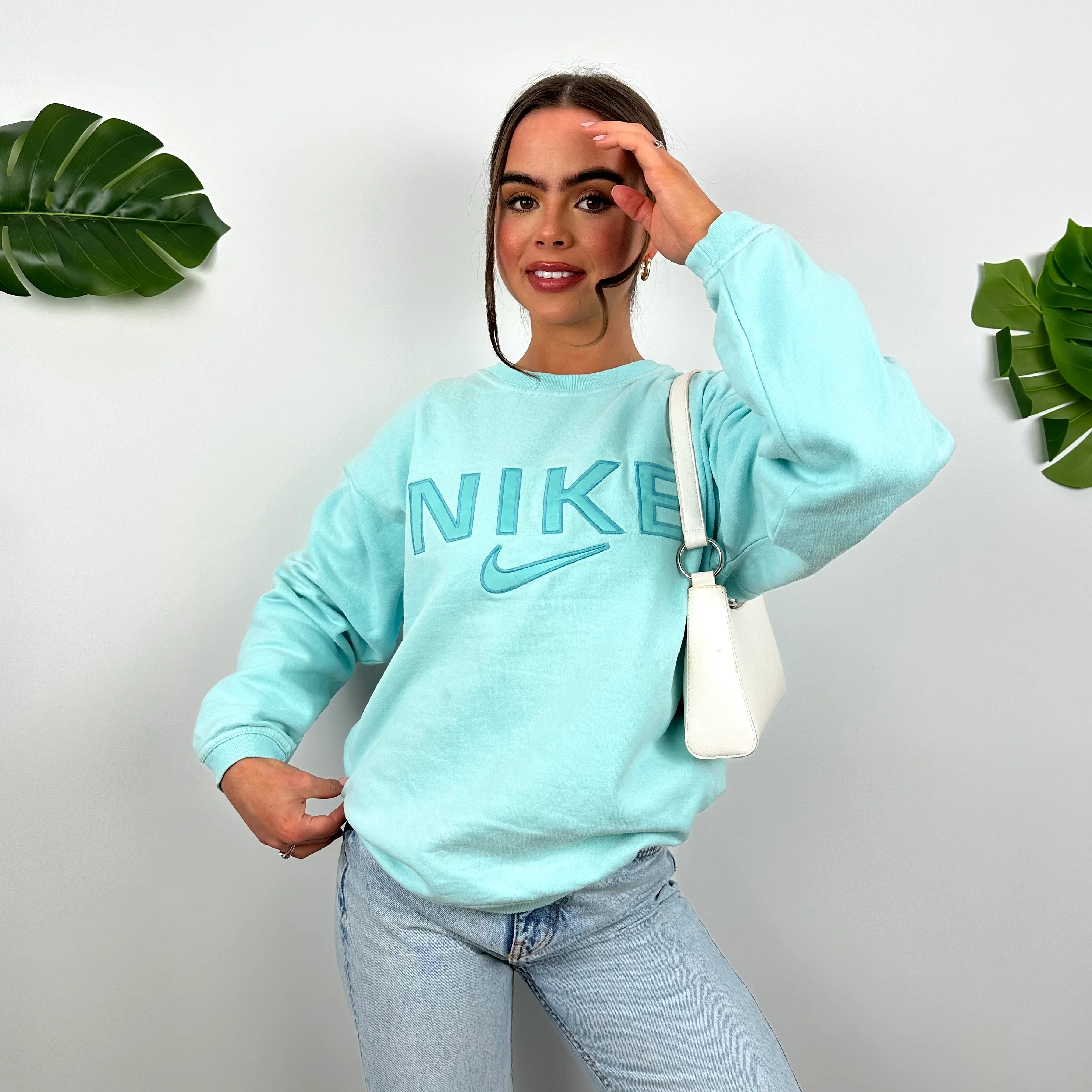 Nike Baby Blue Embroidered Spell Out Sweatshirt (M) - Image 4