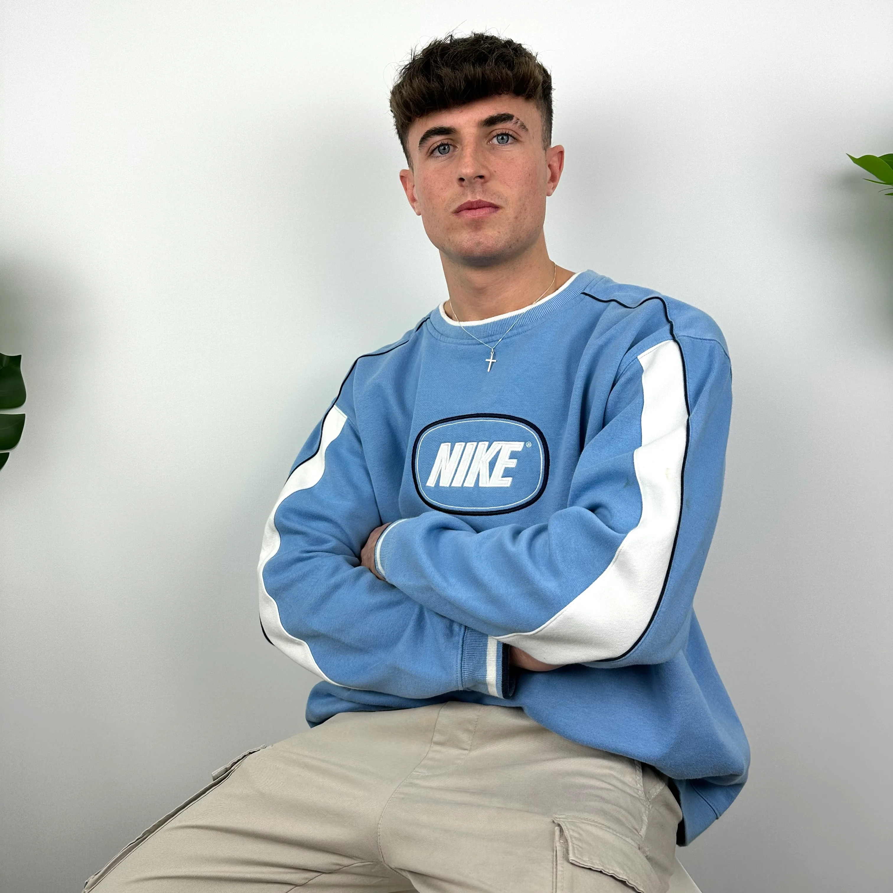 Nike Baby Blue Embroidered Spell Out Sweatshirt (XL) - Image 5
