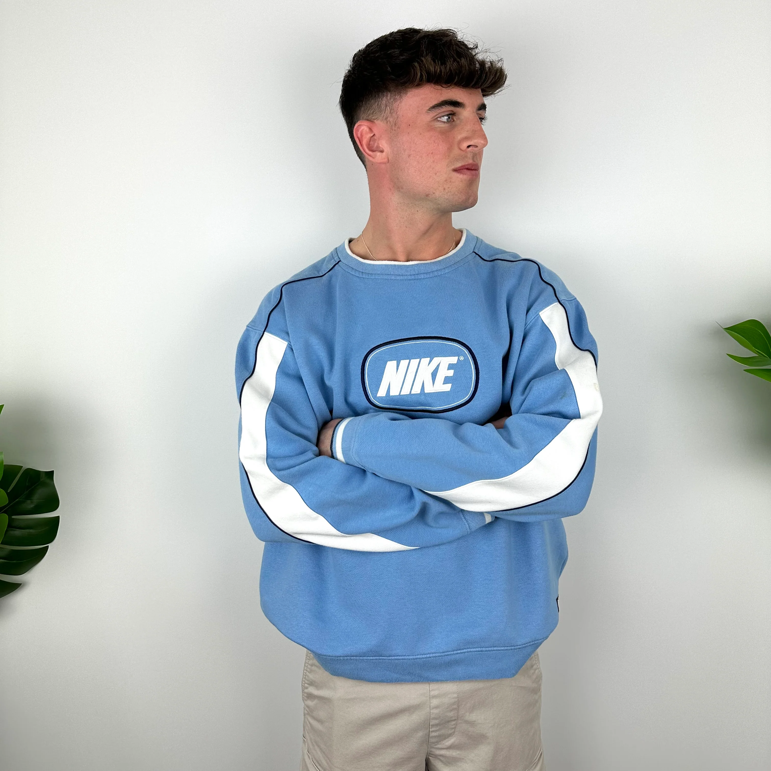 Nike Baby Blue Embroidered Spell Out Sweatshirt (XL) - Image 6
