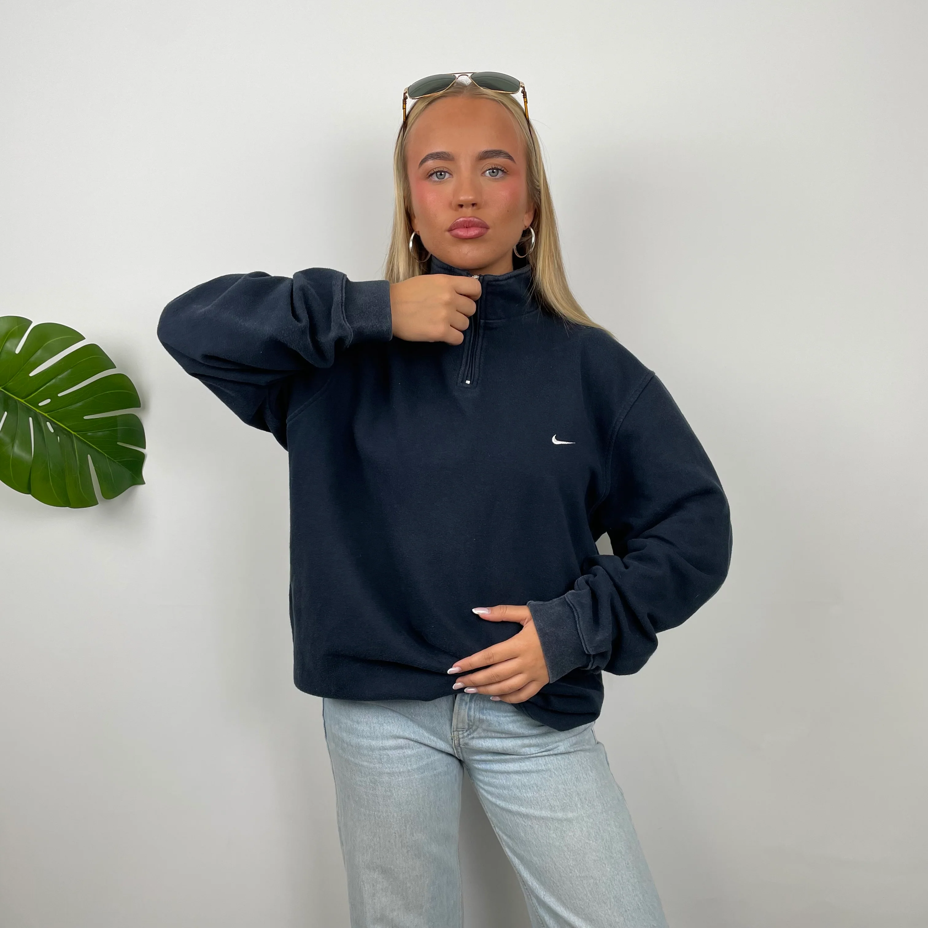 Nike Navy Embroidered Spell Out Quarter Zip Sweatshirt (XL) - Image 2
