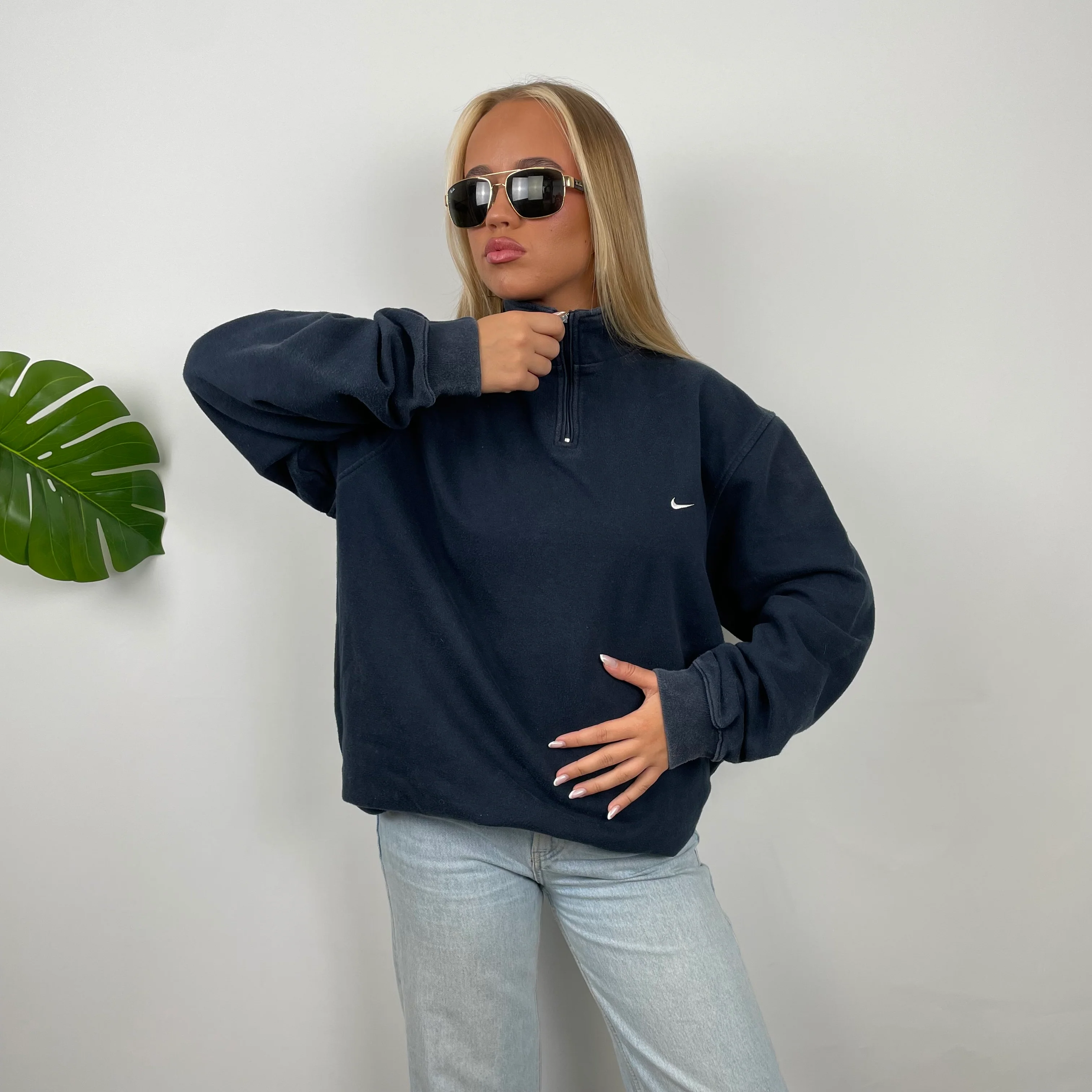 Nike Navy Embroidered Spell Out Quarter Zip Sweatshirt (XL) - Image 3