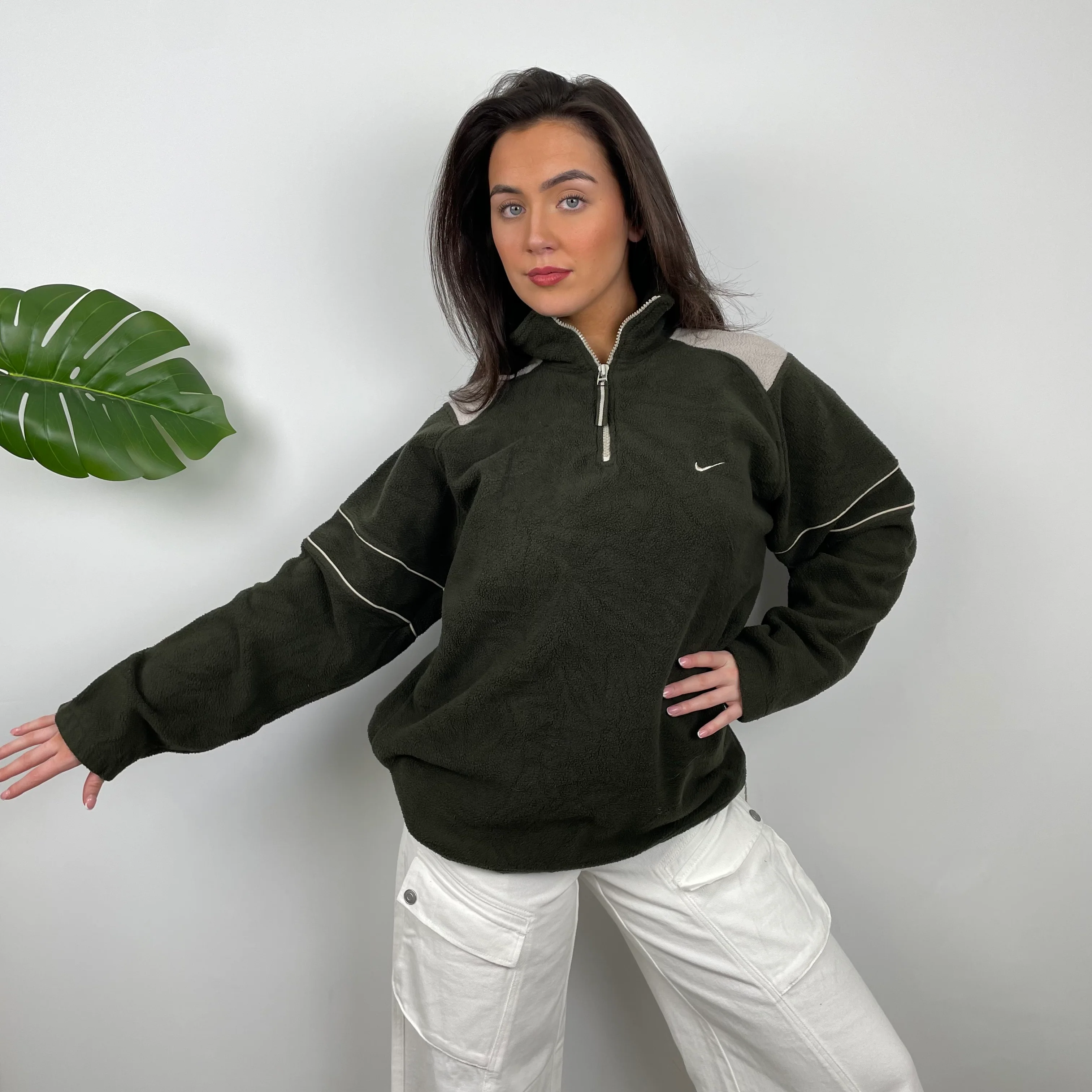 Nike Green Embroidered Spell Out Teddy Bear Fleece Quarter Zip Sweatshirt (L)