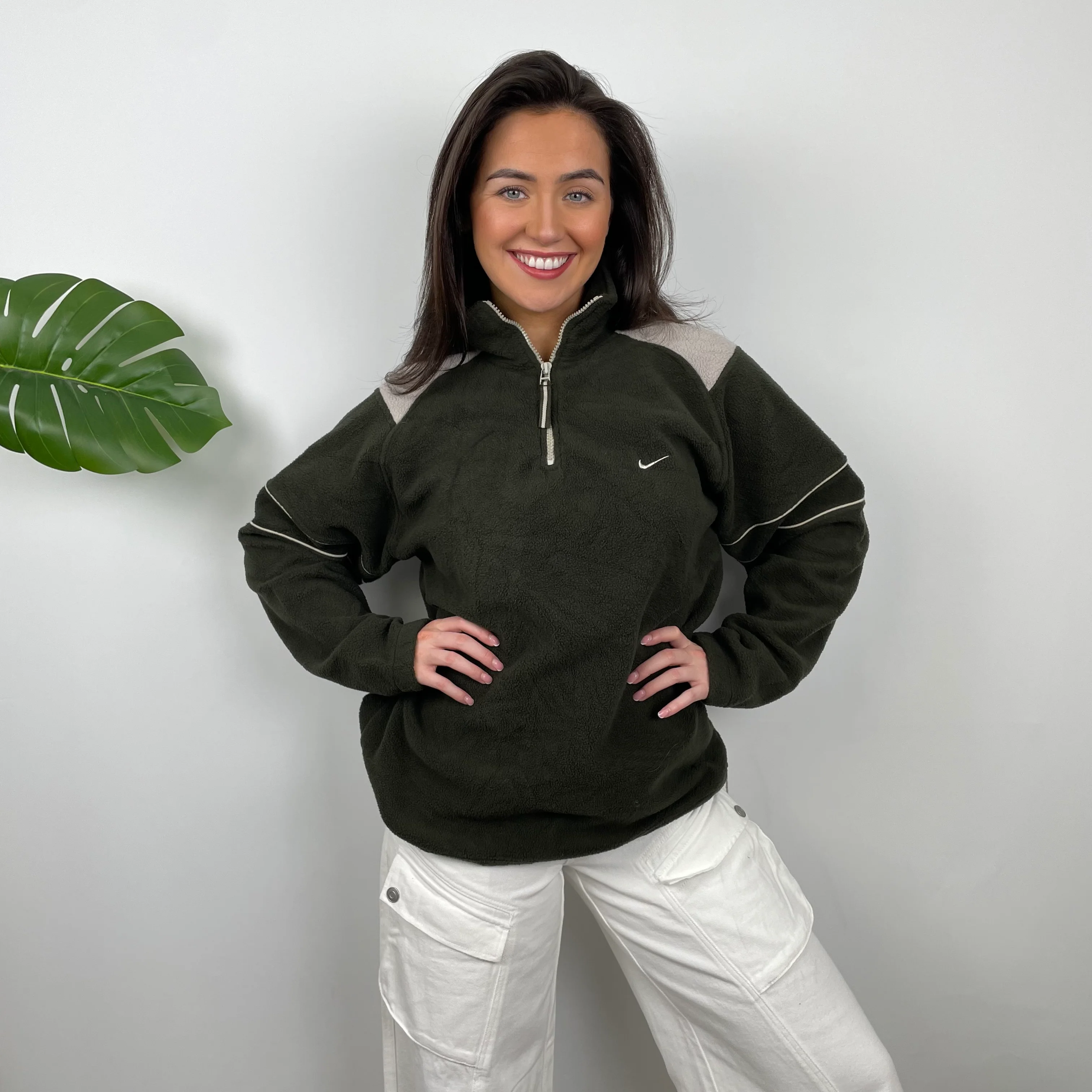 Nike Green Embroidered Spell Out Teddy Bear Fleece Quarter Zip Sweatshirt (L) - Image 2