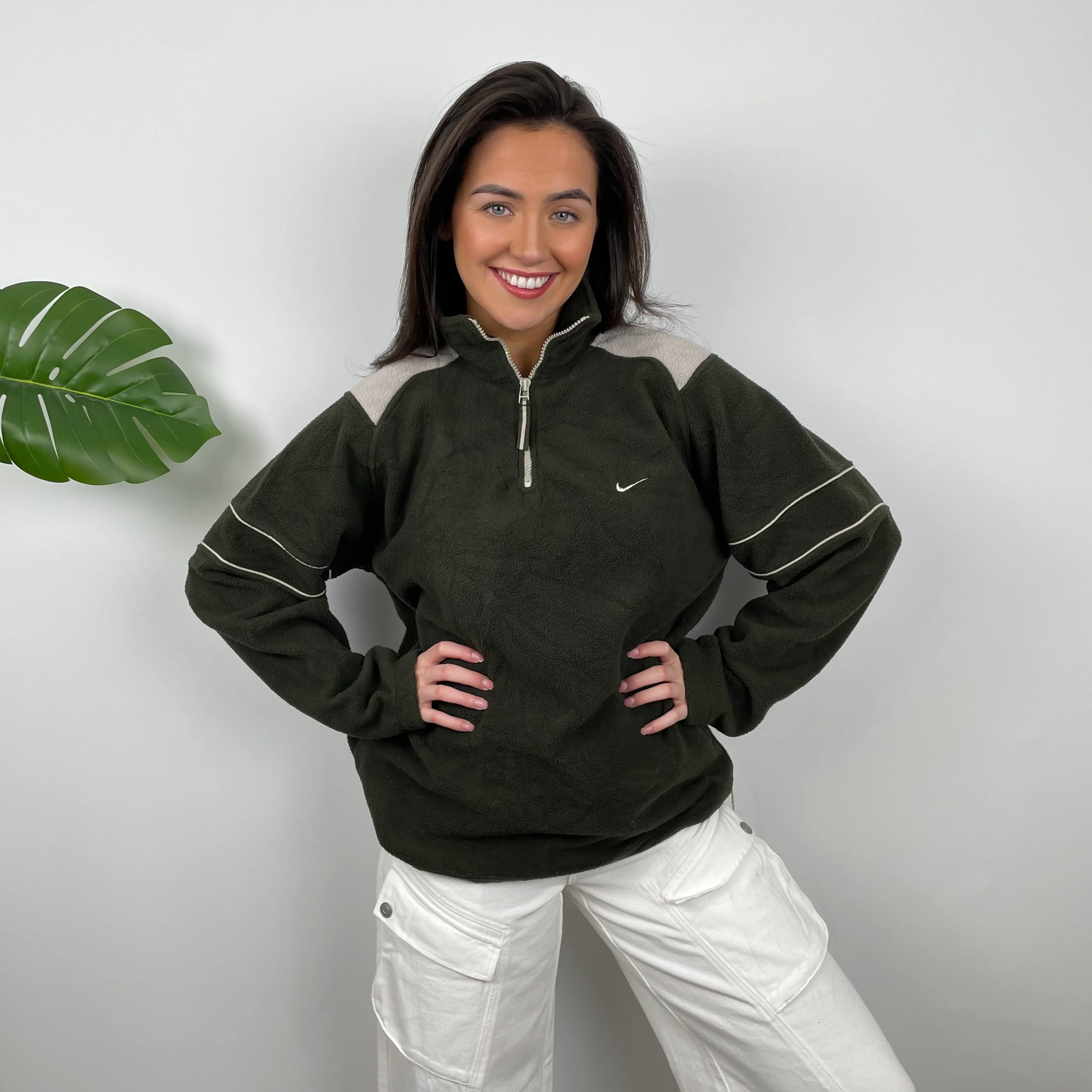 Nike Green Embroidered Spell Out Teddy Bear Fleece Quarter Zip Sweatshirt (L) - Image 4