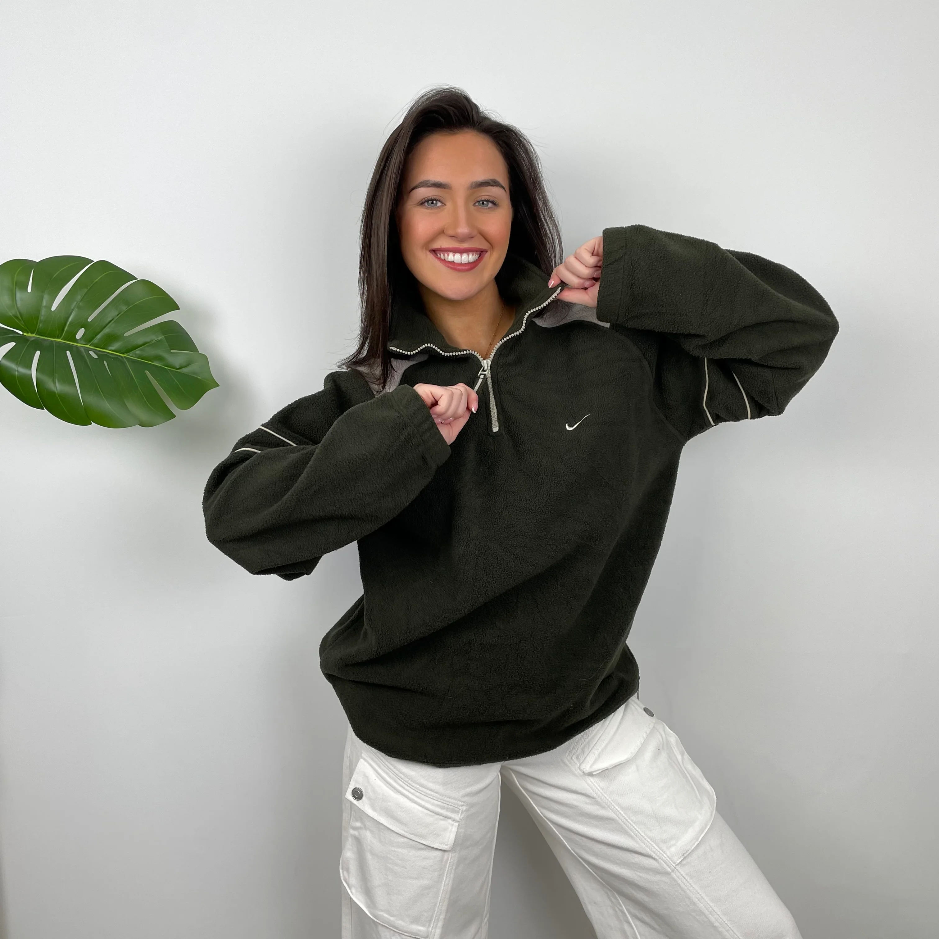 Nike Green Embroidered Spell Out Teddy Bear Fleece Quarter Zip Sweatshirt (L) - Image 5