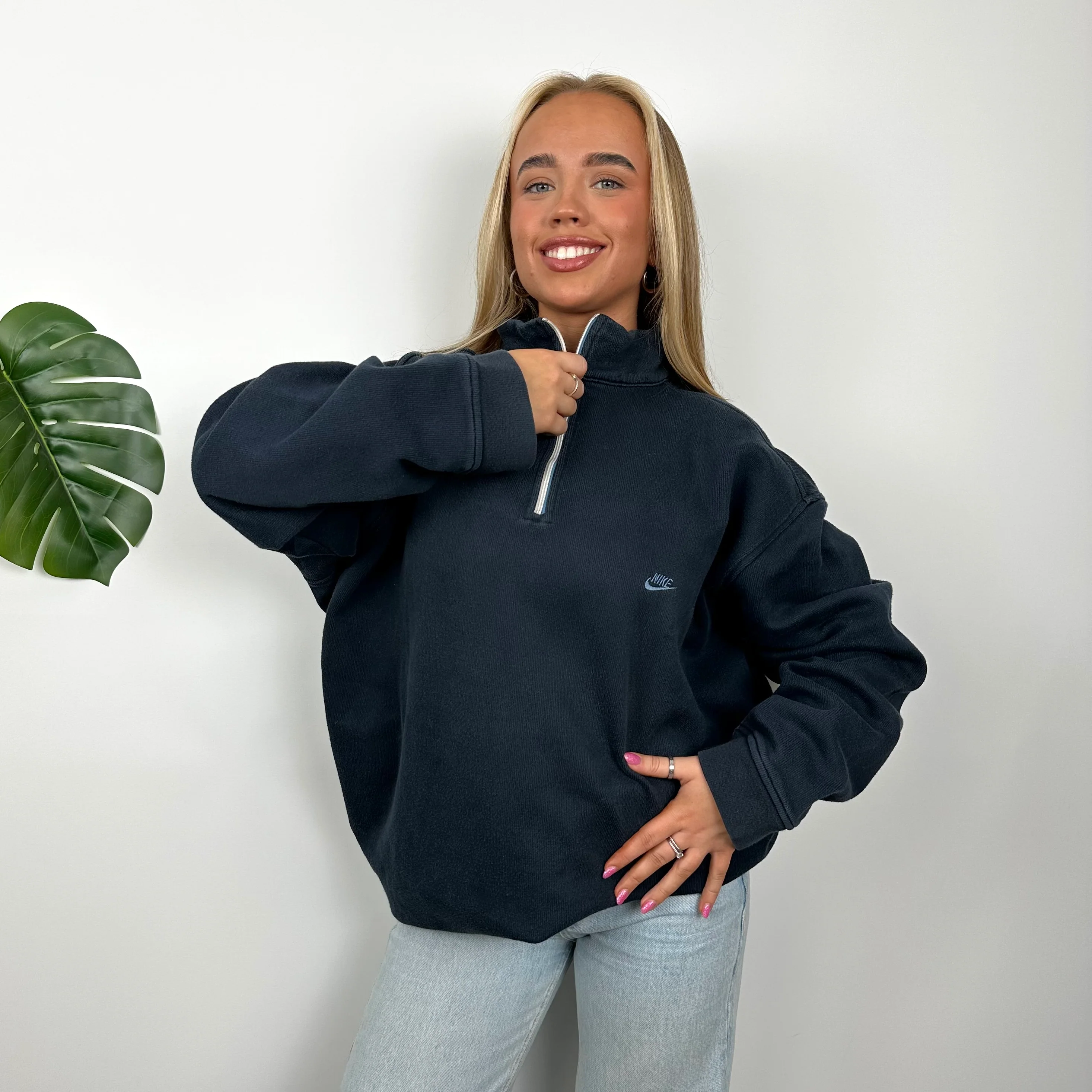 Nike Navy Embroidered Spell Out Quarter Zip Sweatshirt (XL) - Image 3
