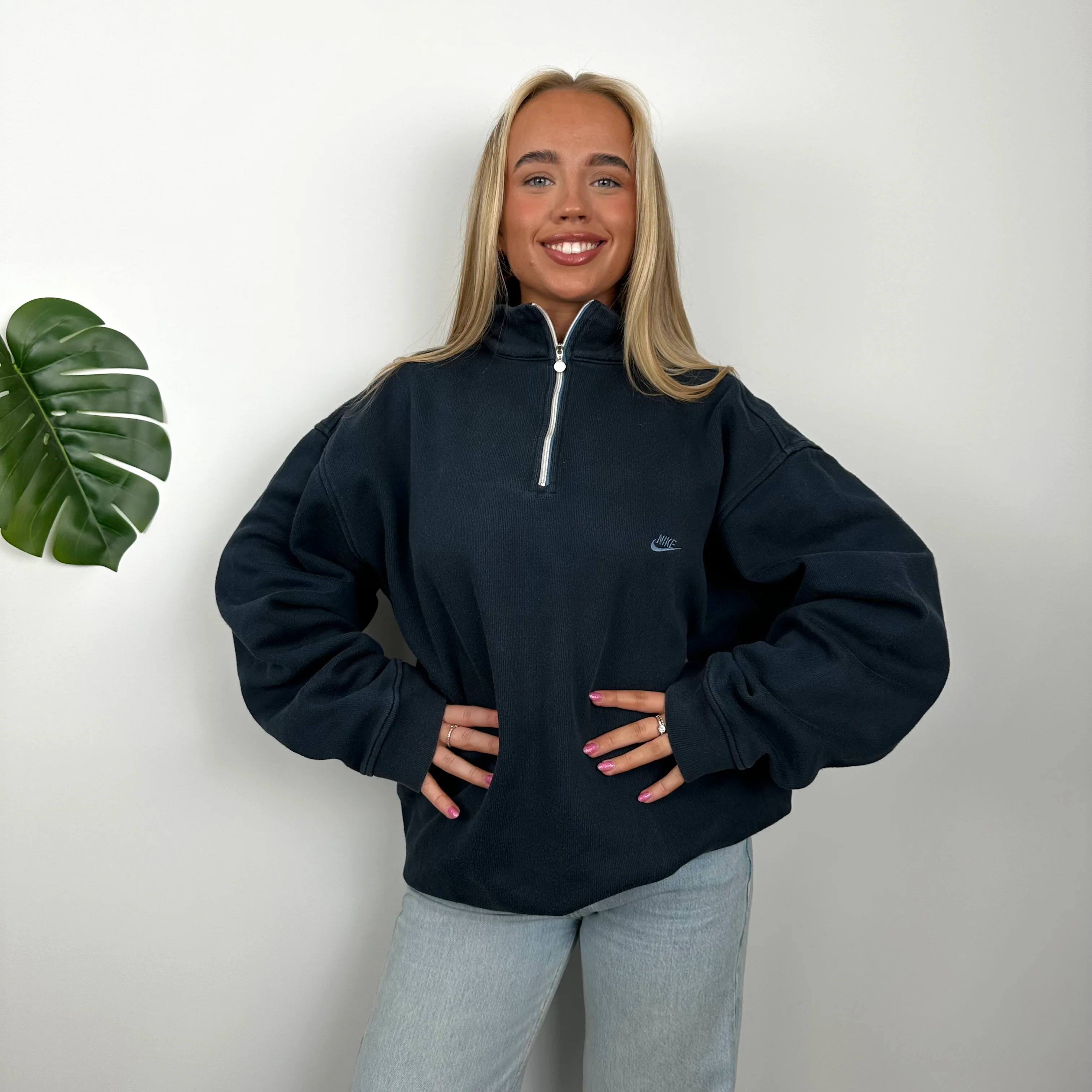 Nike Navy Embroidered Spell Out Quarter Zip Sweatshirt (XL) - Image 4