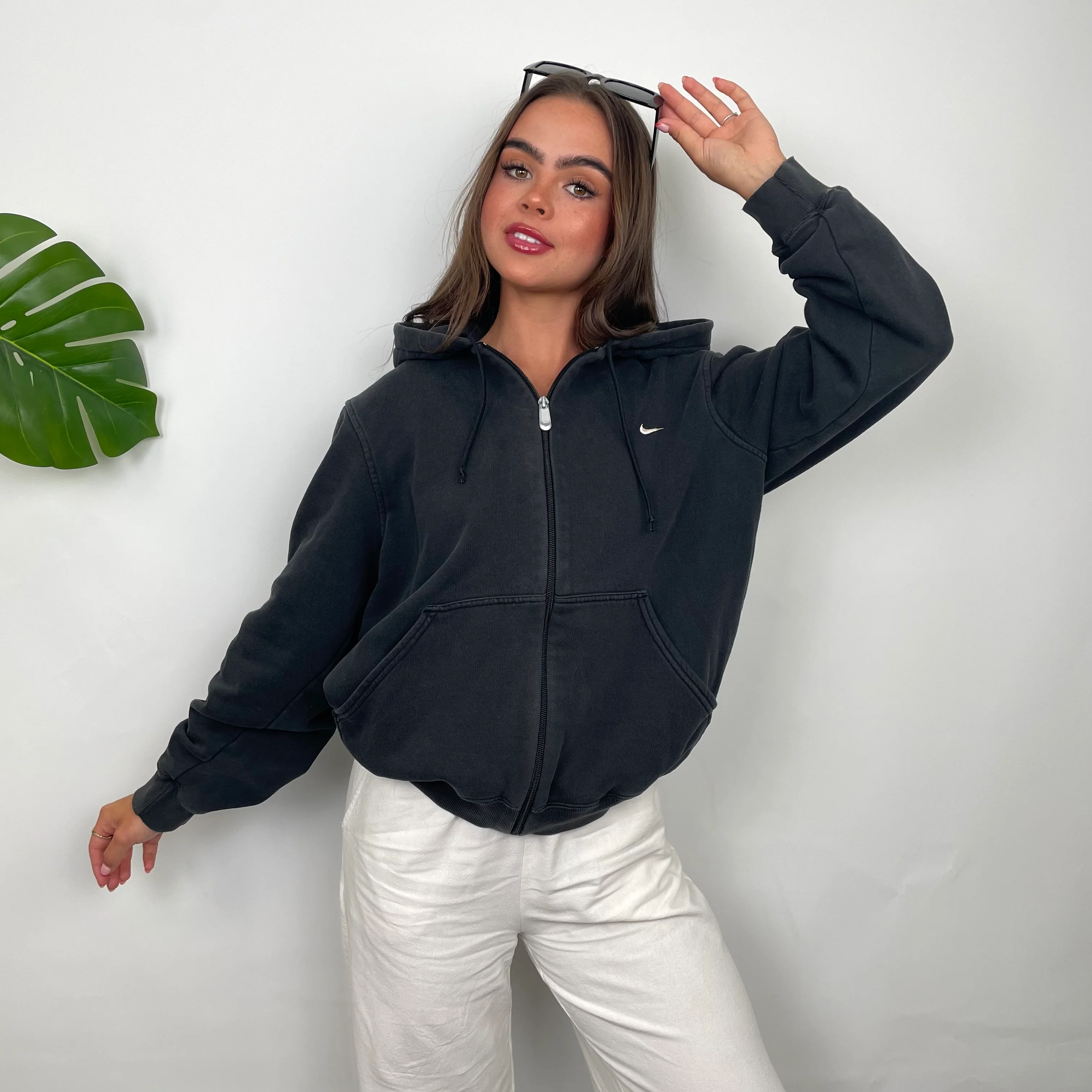 Nike Black Embroidered Swoosh Zip Up Hoodie (S) - Image 2