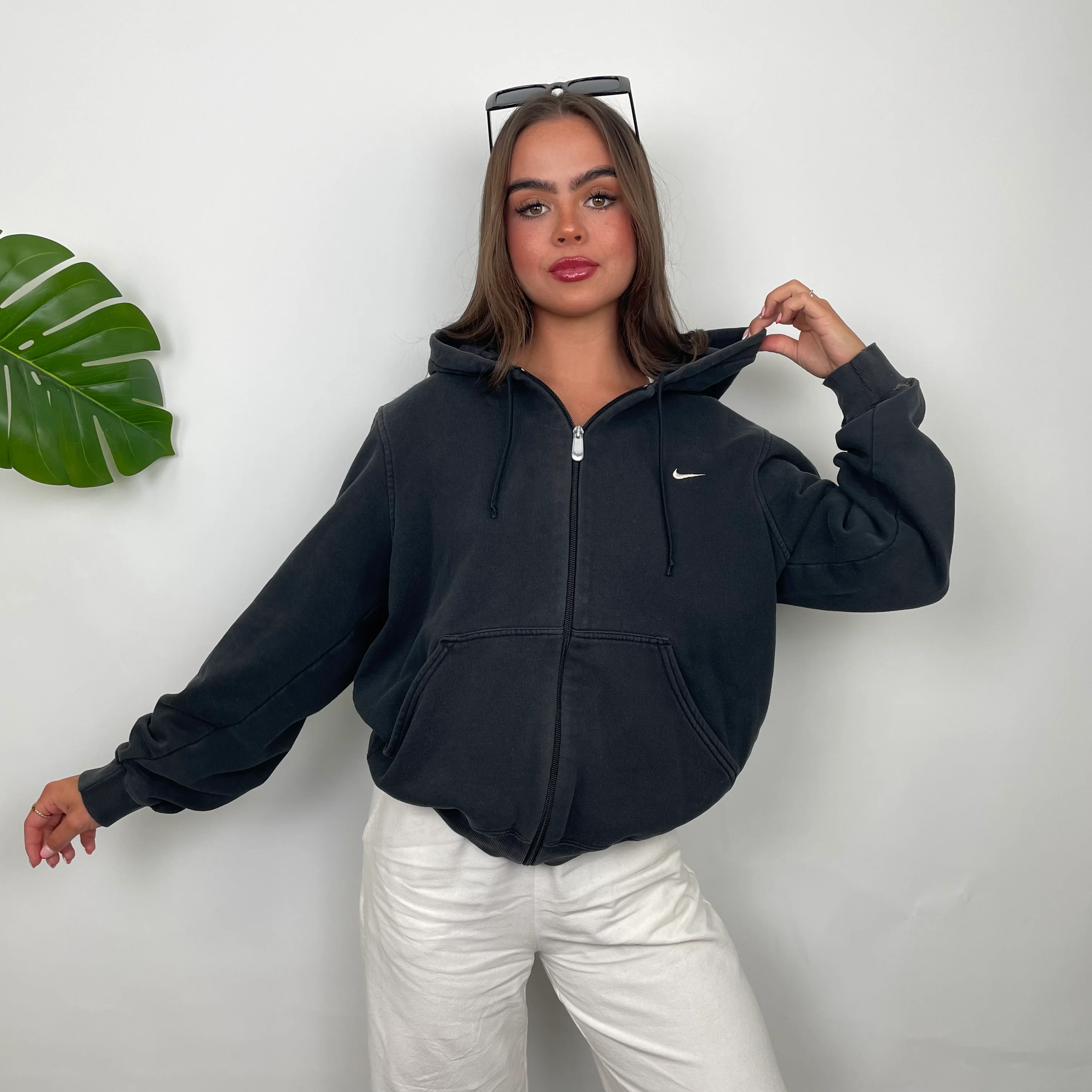 Nike Black Embroidered Swoosh Zip Up Hoodie (S) - Image 3