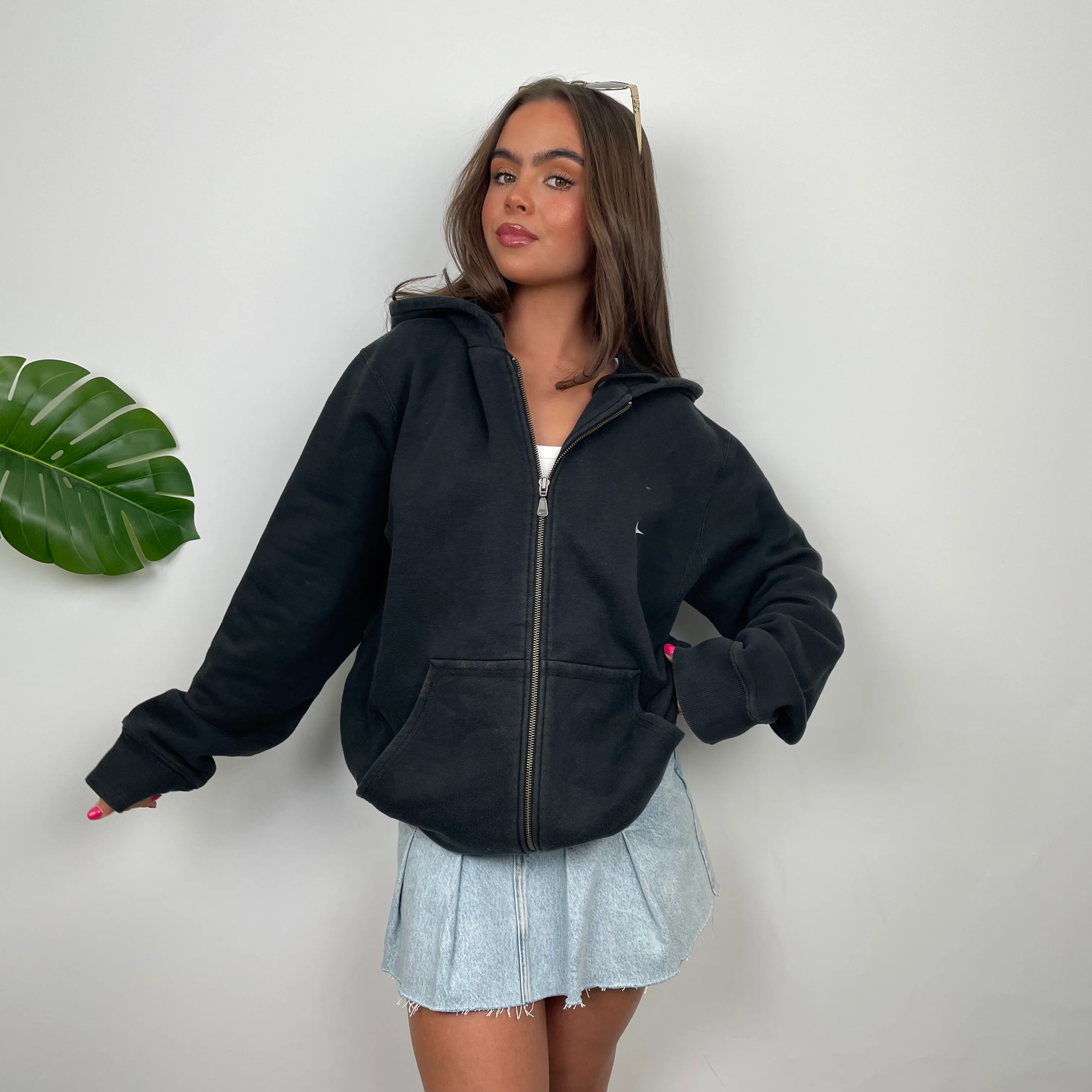 Nike Black Embroidered Swoosh Zip Up Hoodie (L) - Image 2