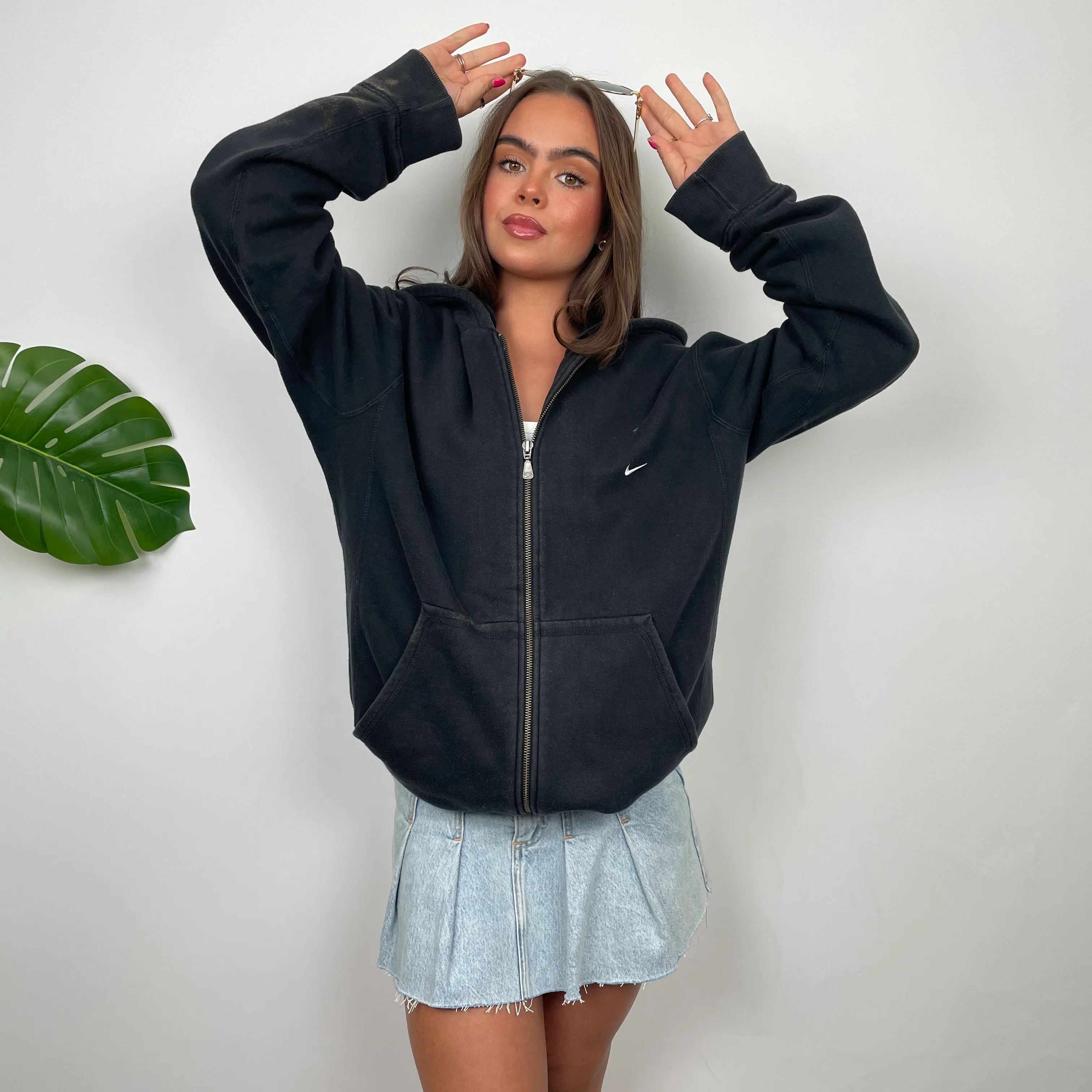 Nike Black Embroidered Swoosh Zip Up Hoodie (L) - Image 3