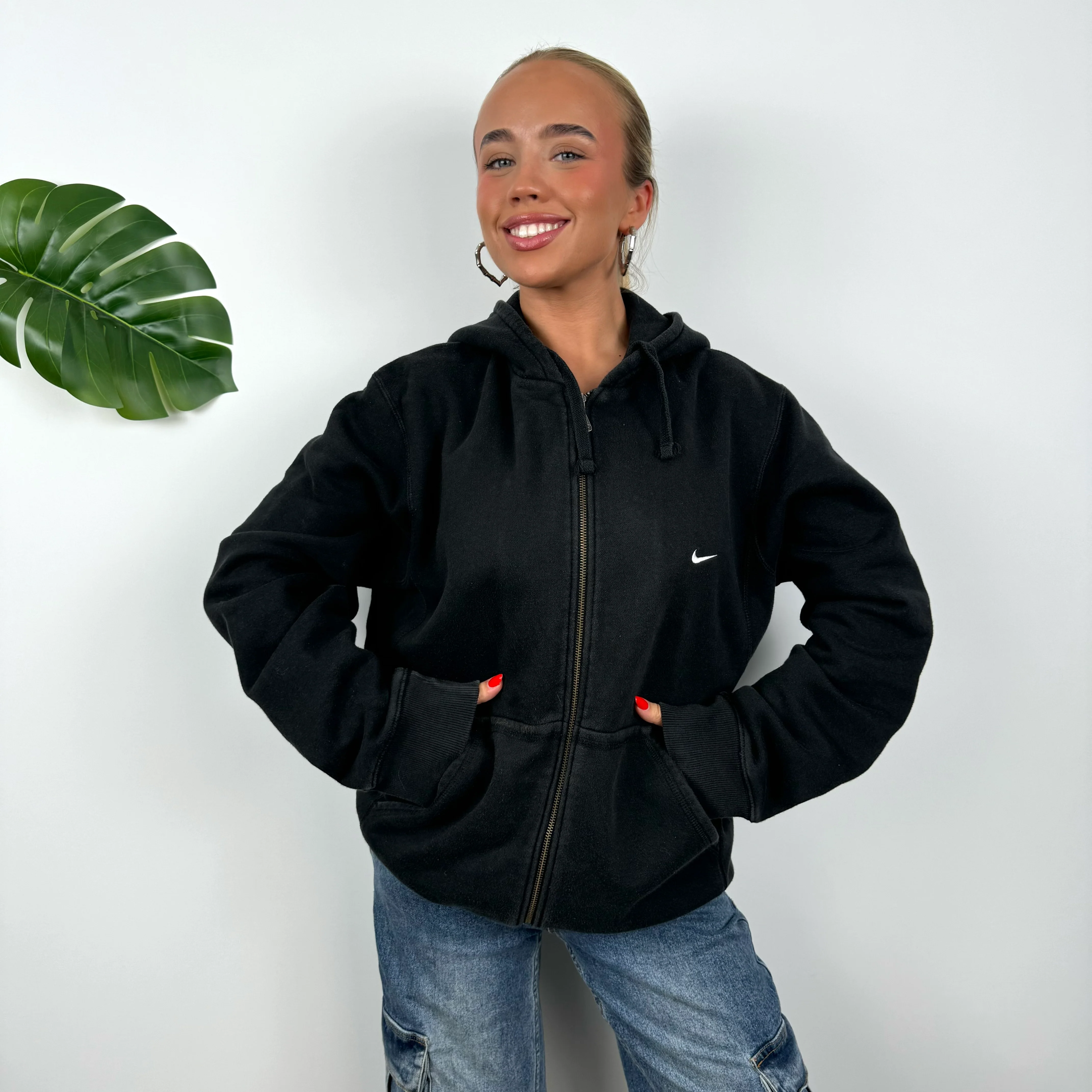 Nike Black Embroidered Swoosh Zip Up Hoodie (L) - Image 3