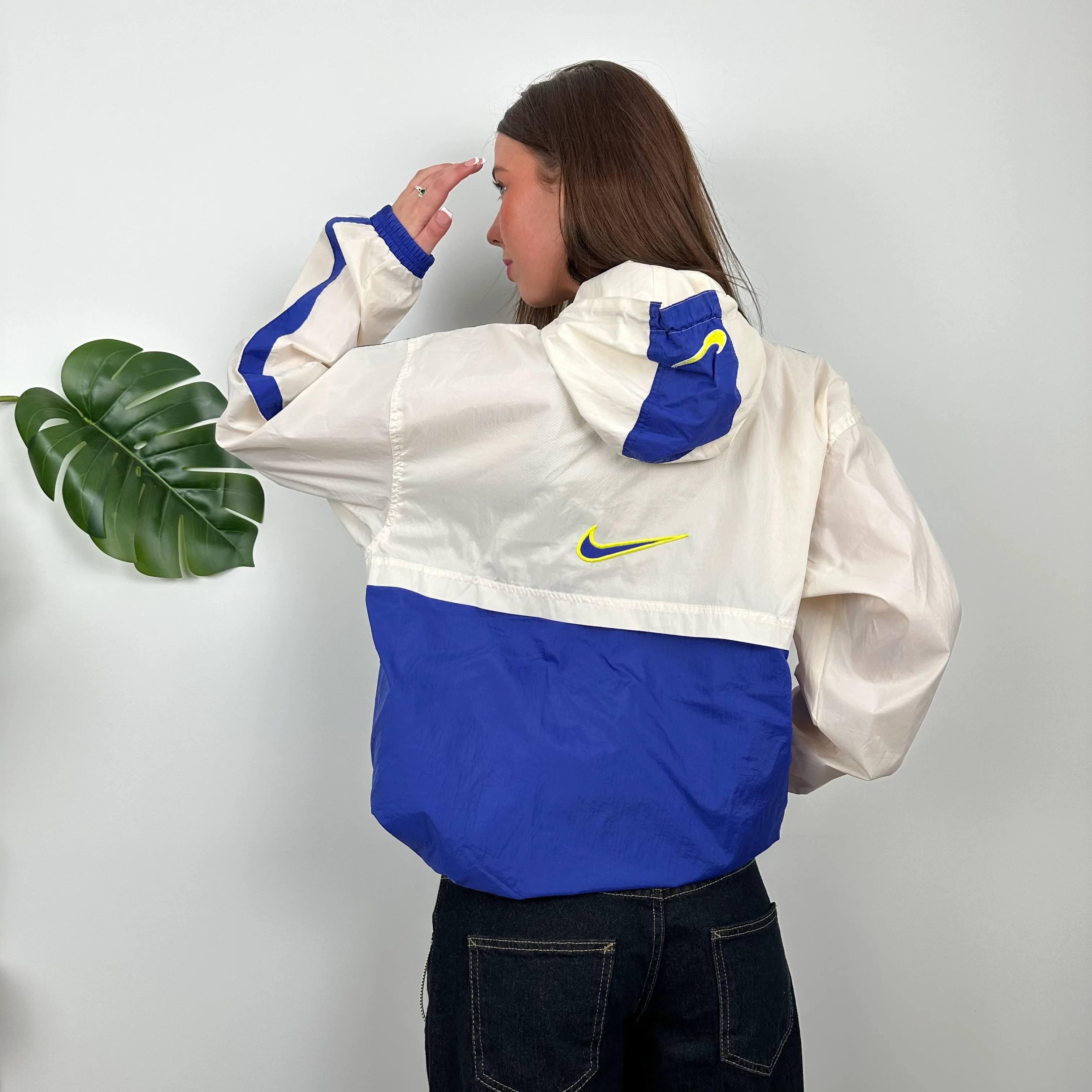 Nike Blue & Cream Embroidered Spell Out Quarter Zip Windbreaker Jacket (M) - Image 6