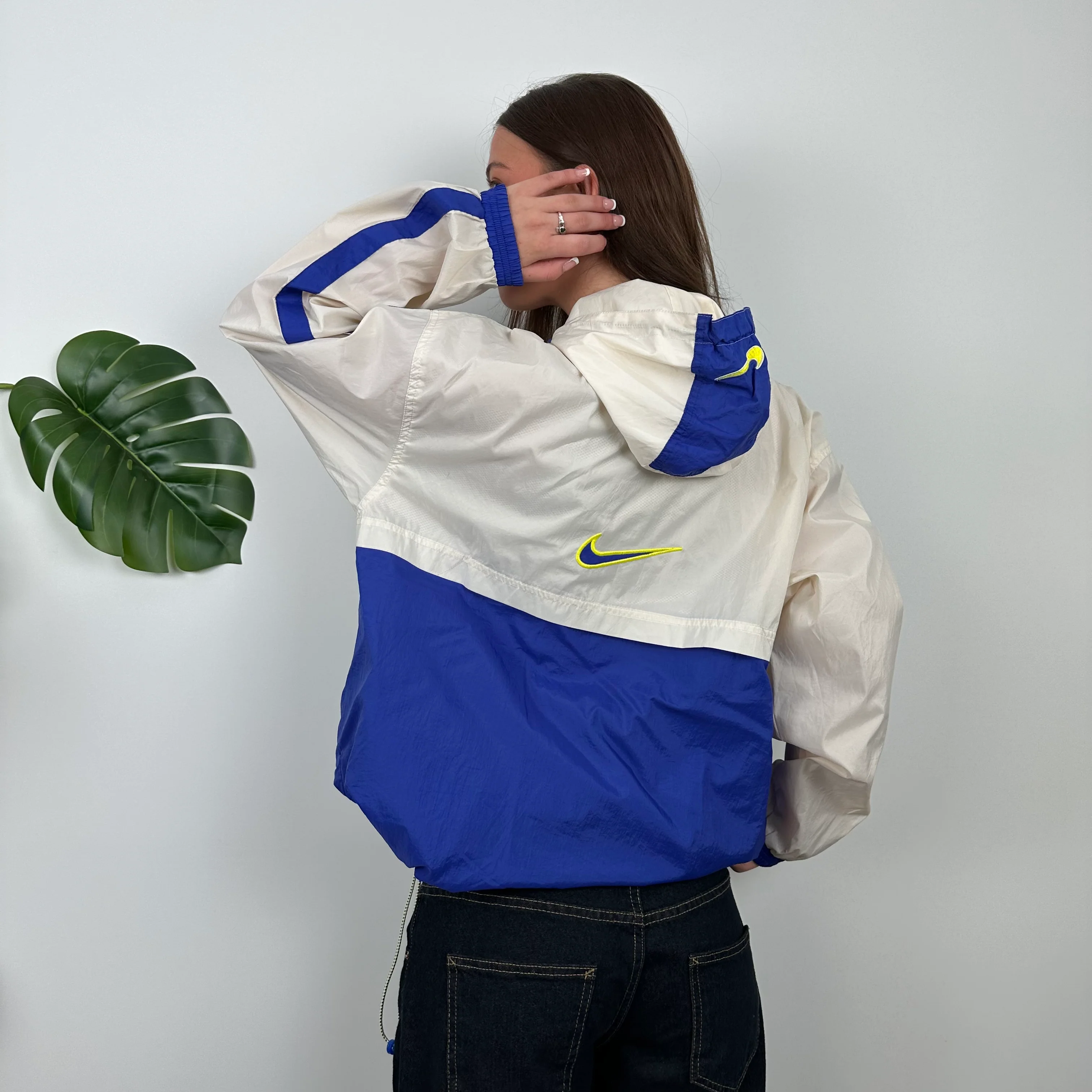 Nike Blue & Cream Embroidered Spell Out Quarter Zip Windbreaker Jacket (M) - Image 7