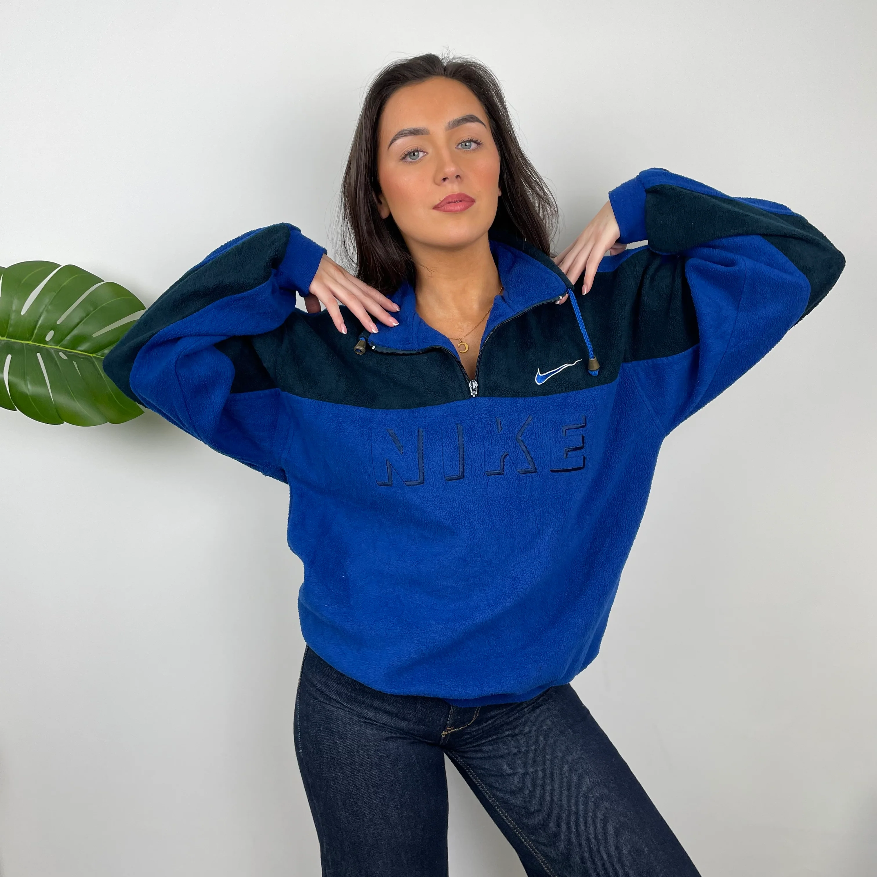Nike Blue Embroidered Spell Out Teddy Bear Fleece Quarter Zip Sweatshirt (L) - Image 7