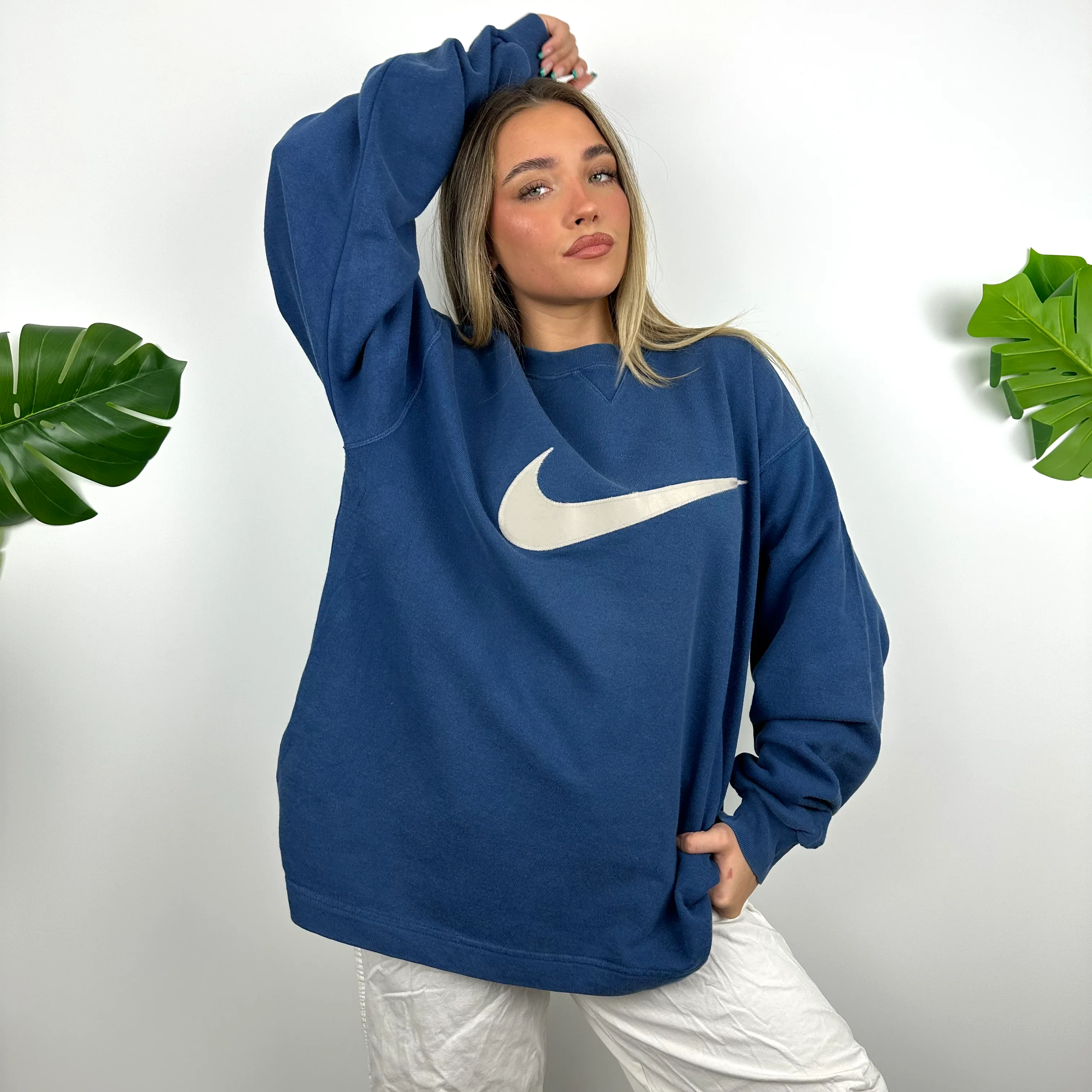 Nike Blue Embroidered Swoosh Sweatshirt (M) - Image 5