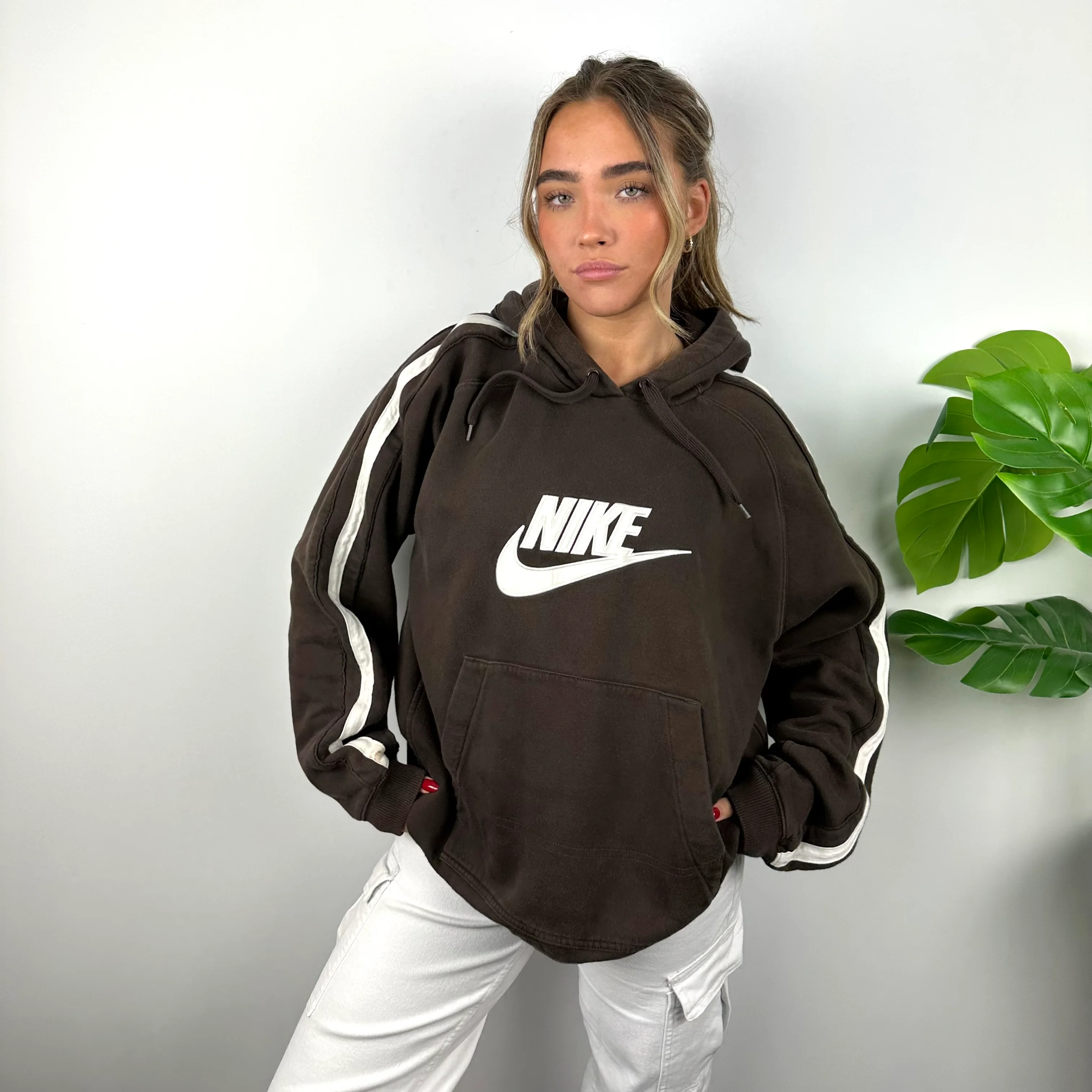Nike Brown Embroidered Spell Out Hoodie (L) - Image 2