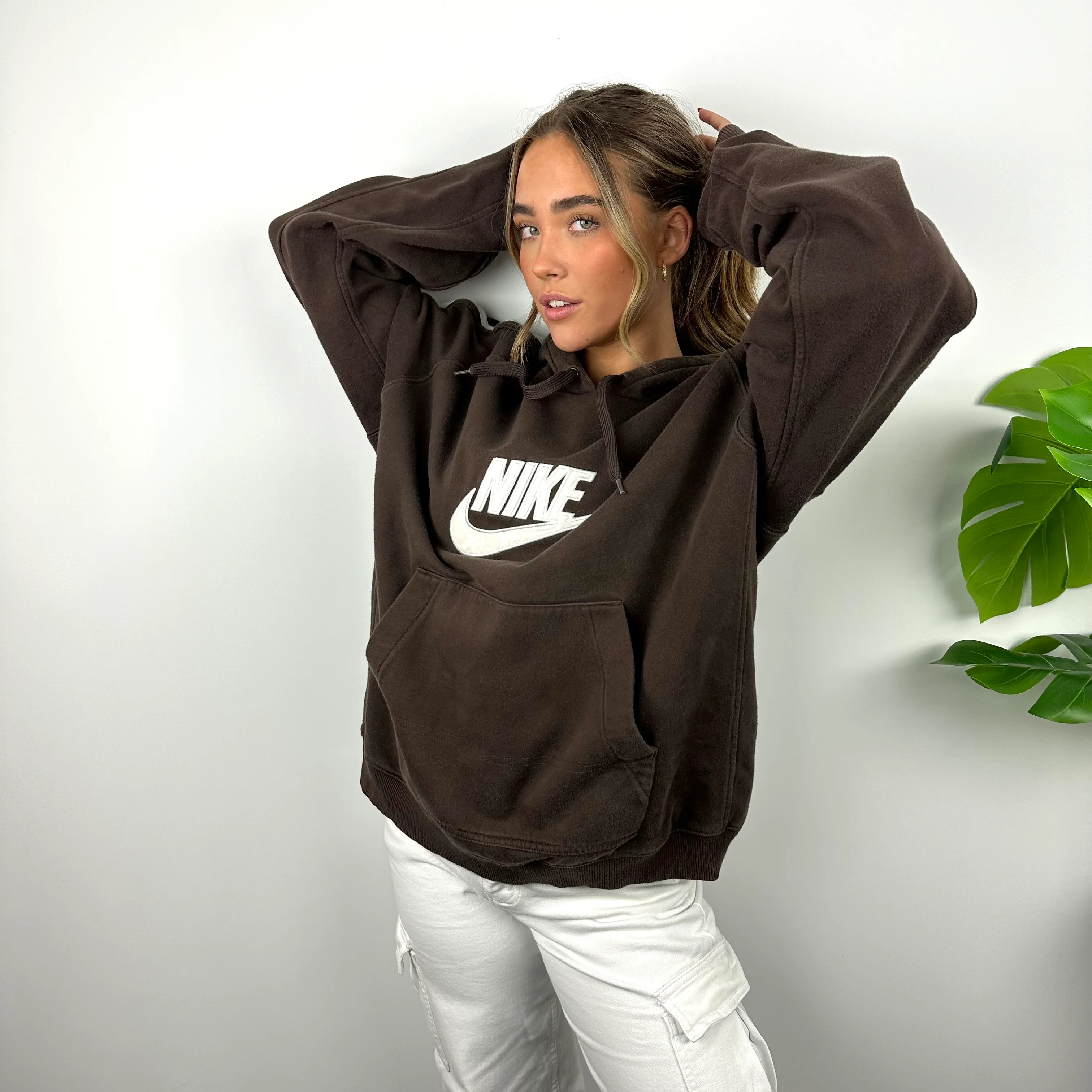 Nike Brown Embroidered Spell Out Hoodie (L) - Image 4