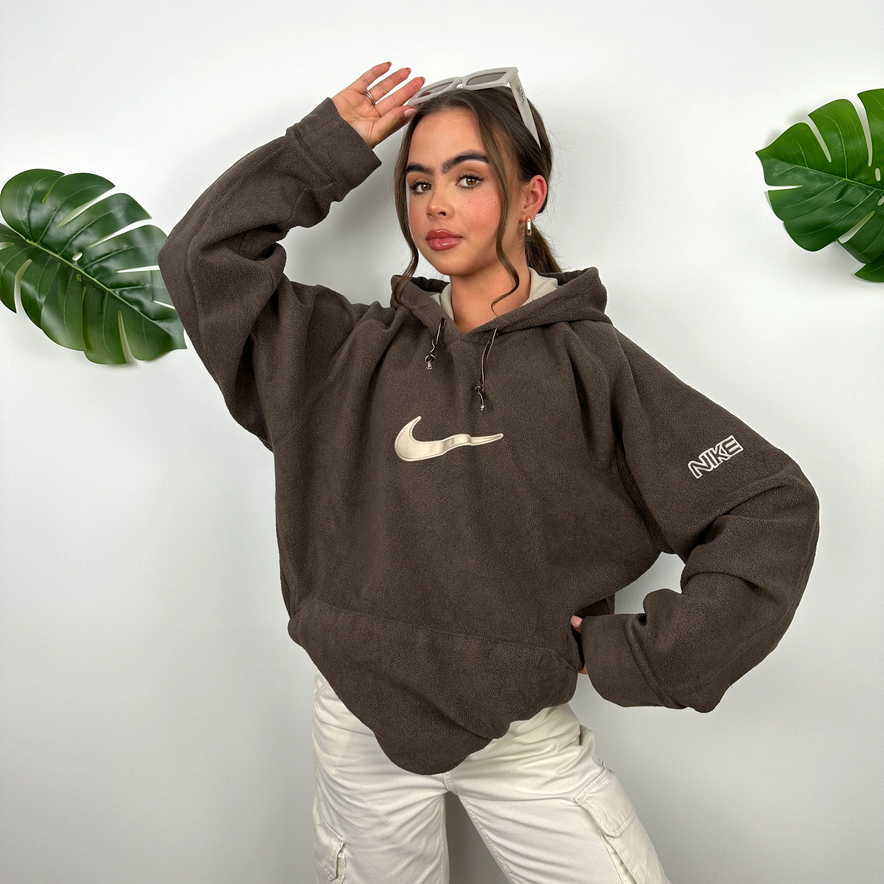 Nike Brown Embroidered Spell Out Teddy Bear Fleece Hoodie (L) - Image 2