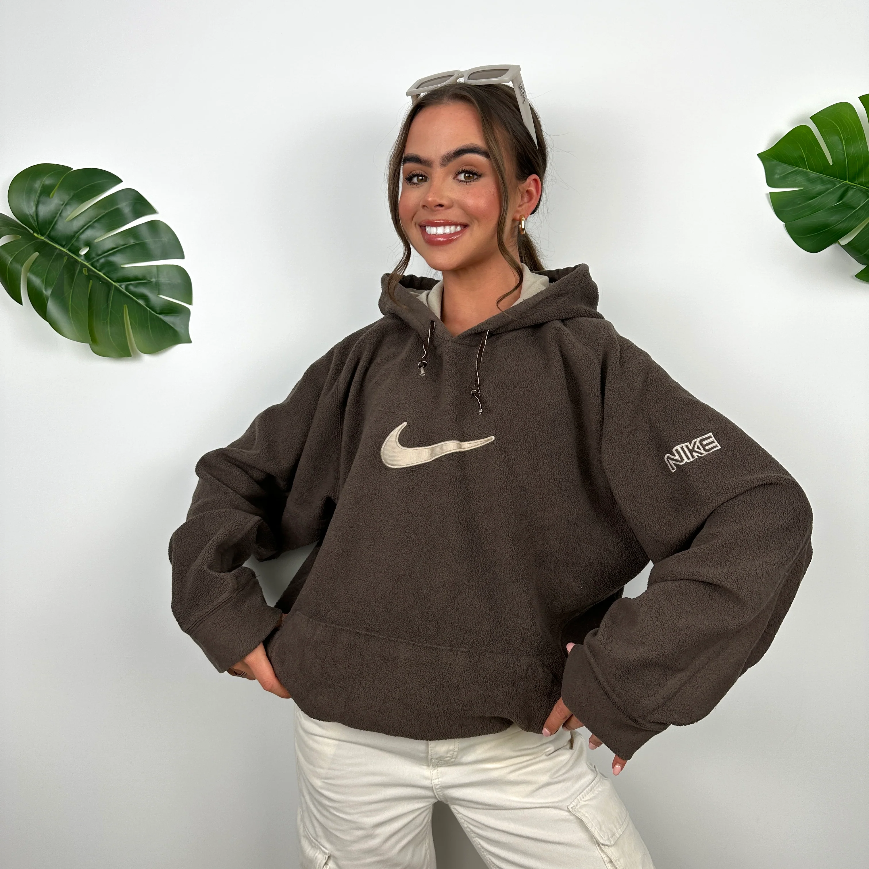 Nike Brown Embroidered Spell Out Teddy Bear Fleece Hoodie (L) - Image 3